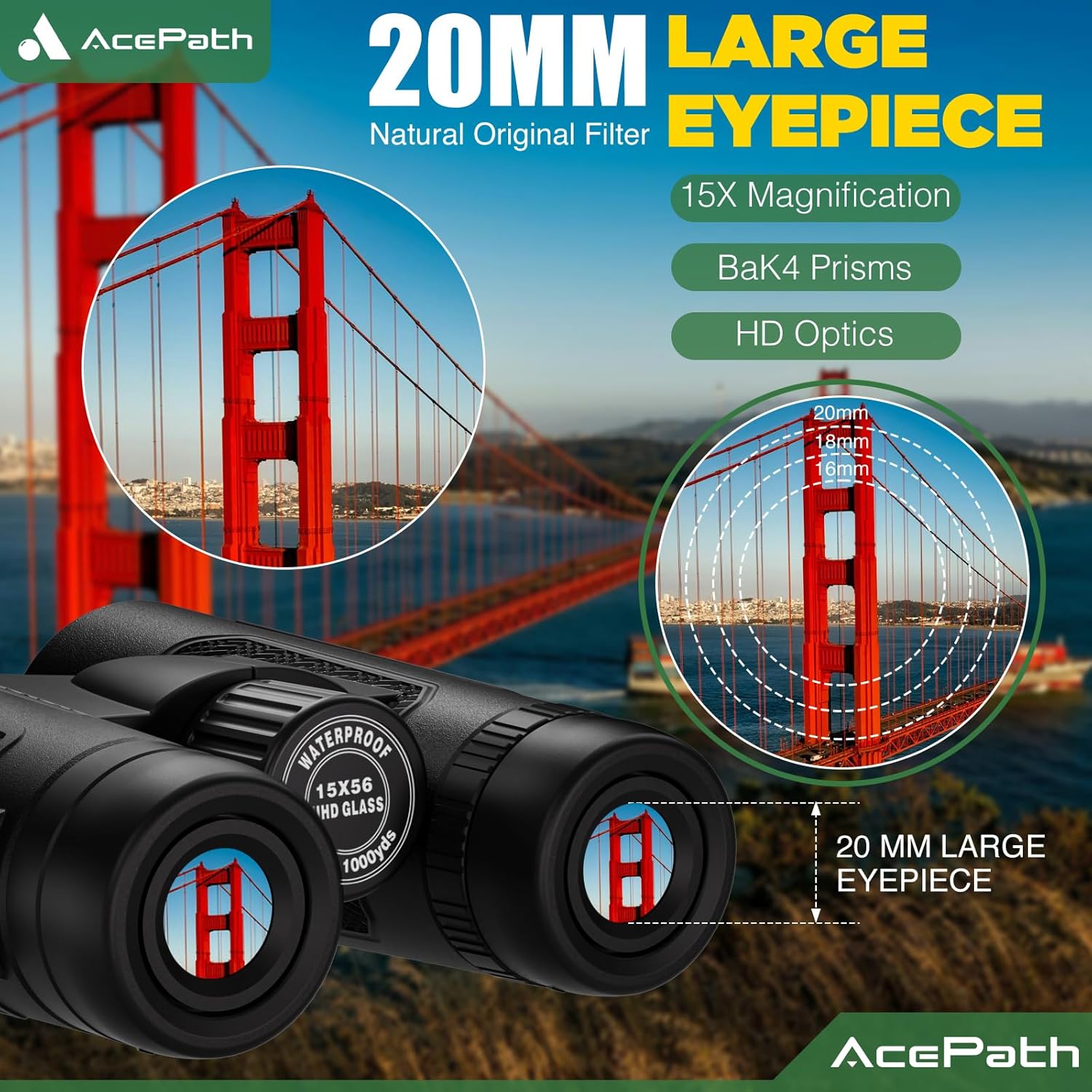 Thumbnail 1 de AcePath 15x56 Binoculars for Adults — Compact Waterproof High-Powered Glasses-Friendly Optics