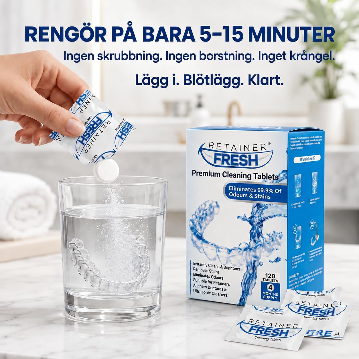 Detalle de Retainer Fresh 120tablets rengöringstabletter för tandskenor, proteser och bettskenor