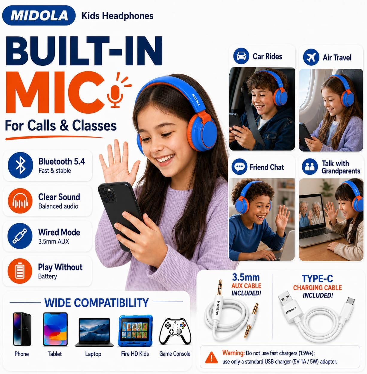 Detalle de MIDOLA Kids Wireless Bluetooth Headphones with Safe Volume, 68H Play Time, Over-Ear Foldable Design