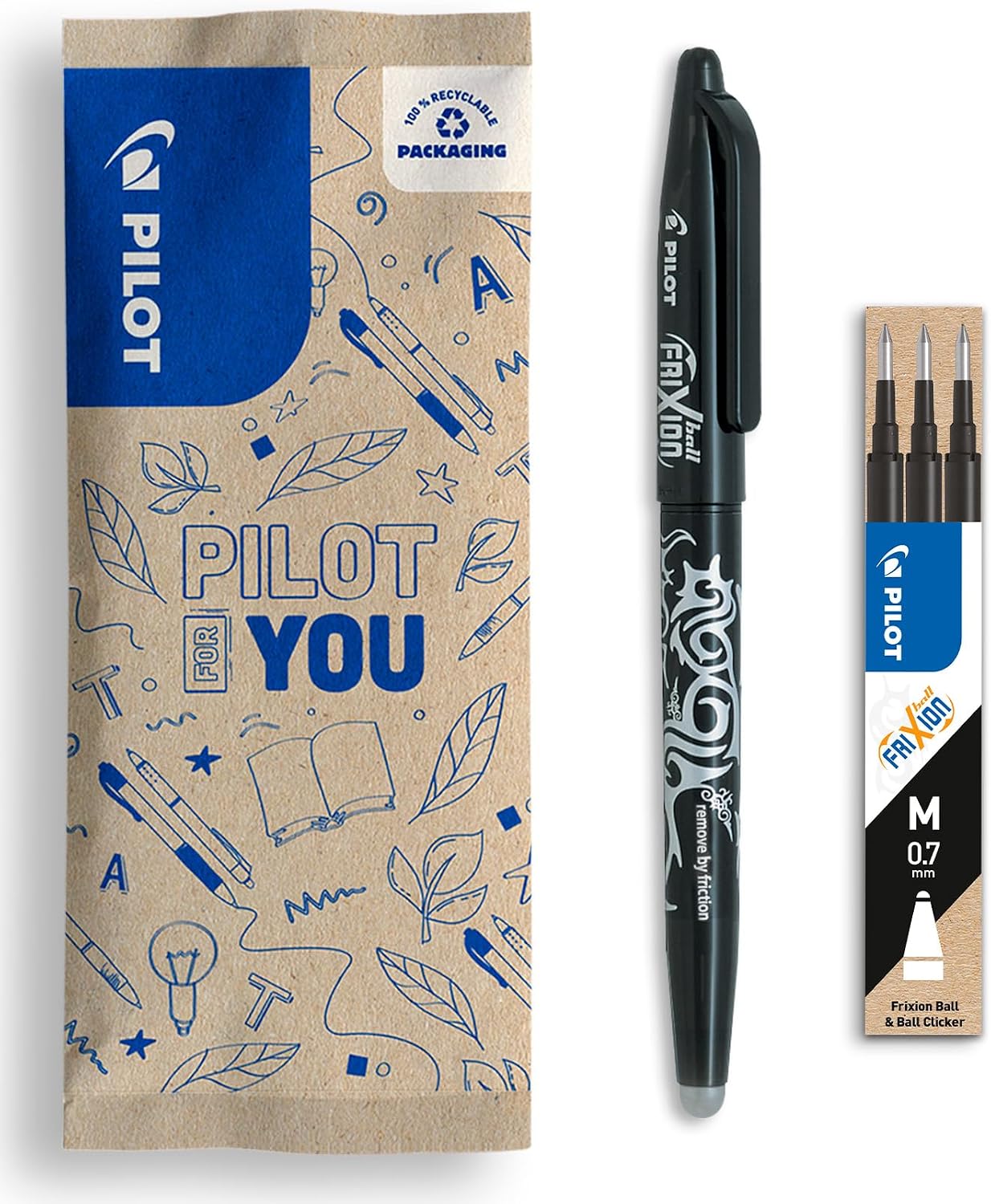 PILOT FriXion Ball Erasable Pen Set – Medium 0.7mm, 1 Black Pen + 3 Refills