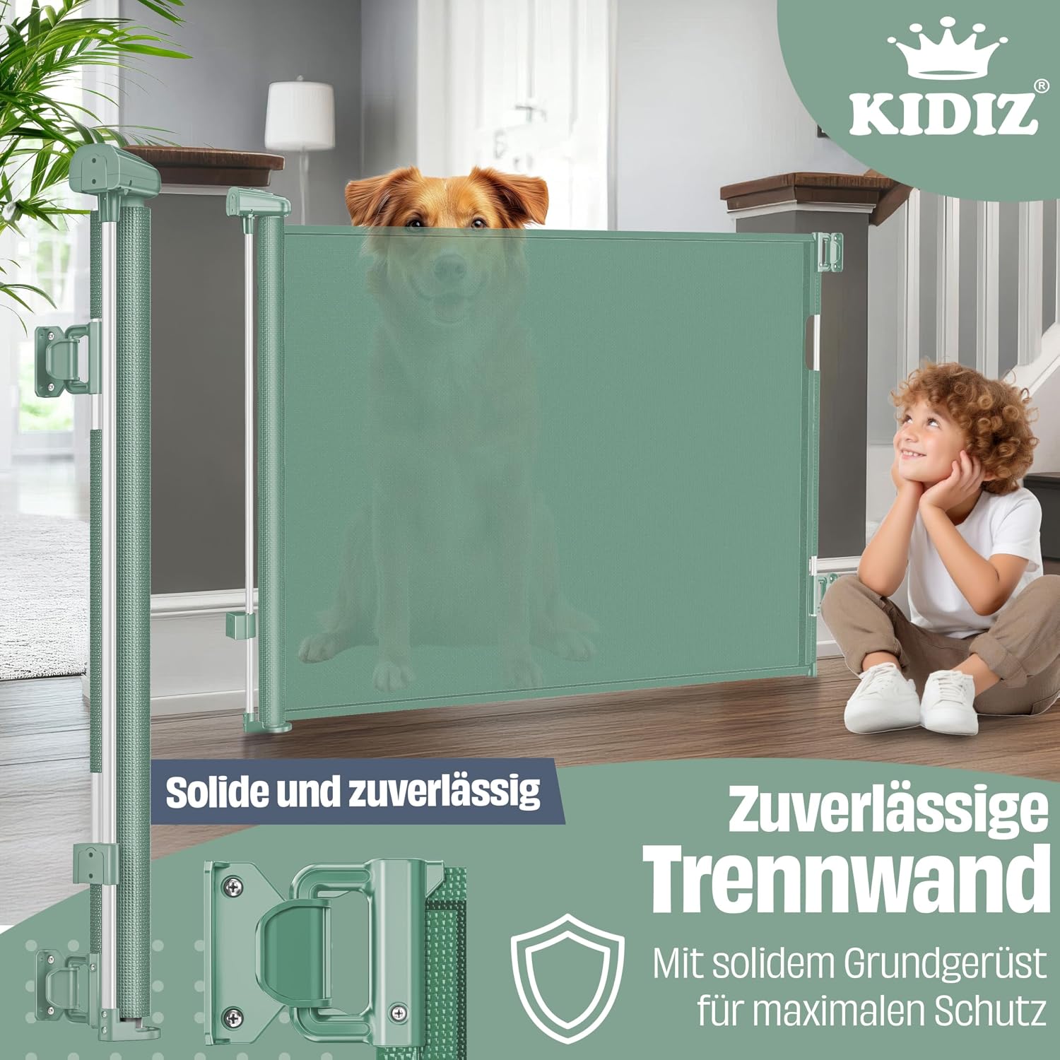 Detalle 2 de KIDIZ ausziehbares Treppenschutzgitter / Türschutzgitter (0–140 cm) mit Verschlusssystem & Verriegelungsanzeige
