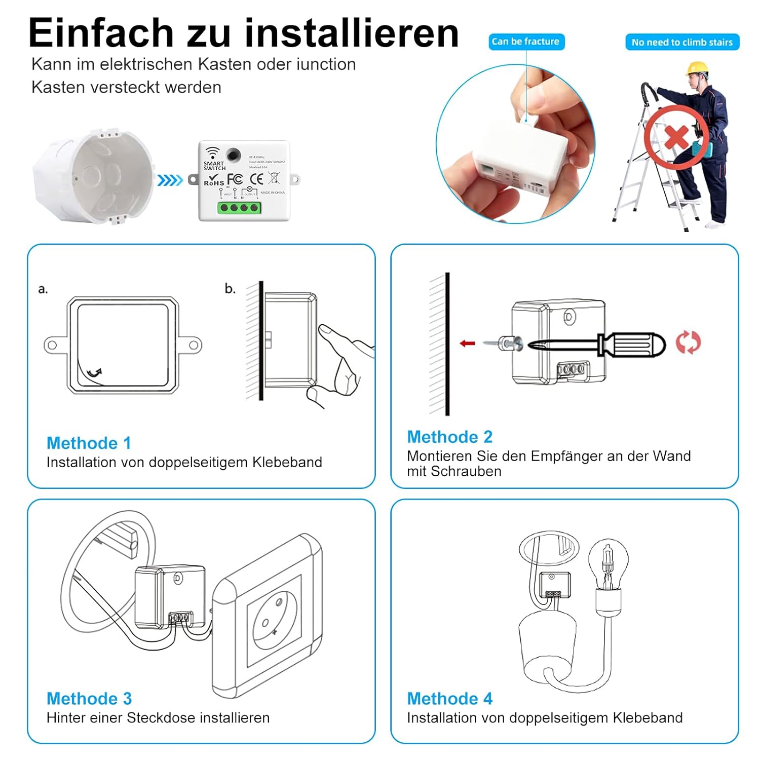 Thumbnail 6 de ARCELI Interrupteur RF 433 MHz – kit récepteur sans fil mural 2200 W/10 A pour maison intelligente