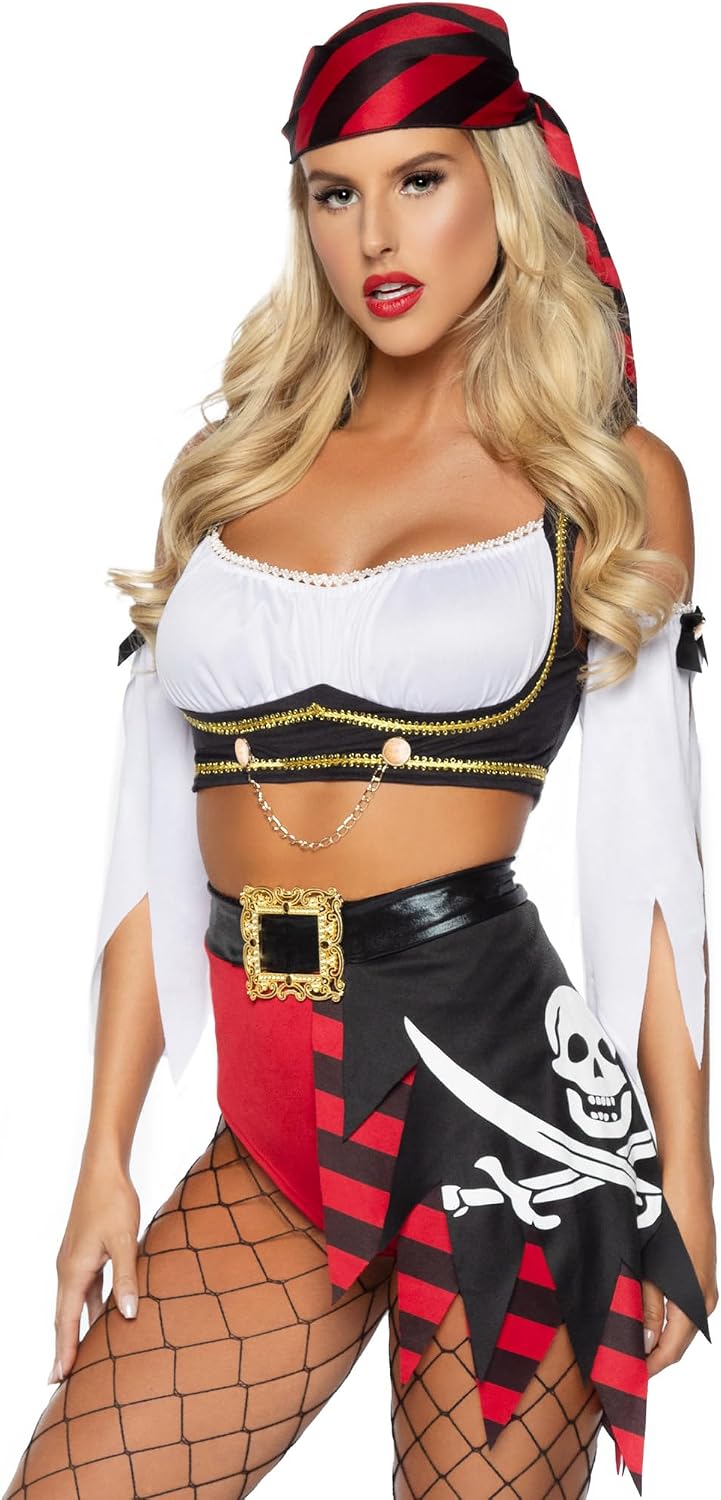 Detalle de Leg Avenue Women's 4-Piece Wicked Pirate Wench Costume with Flag Skirt