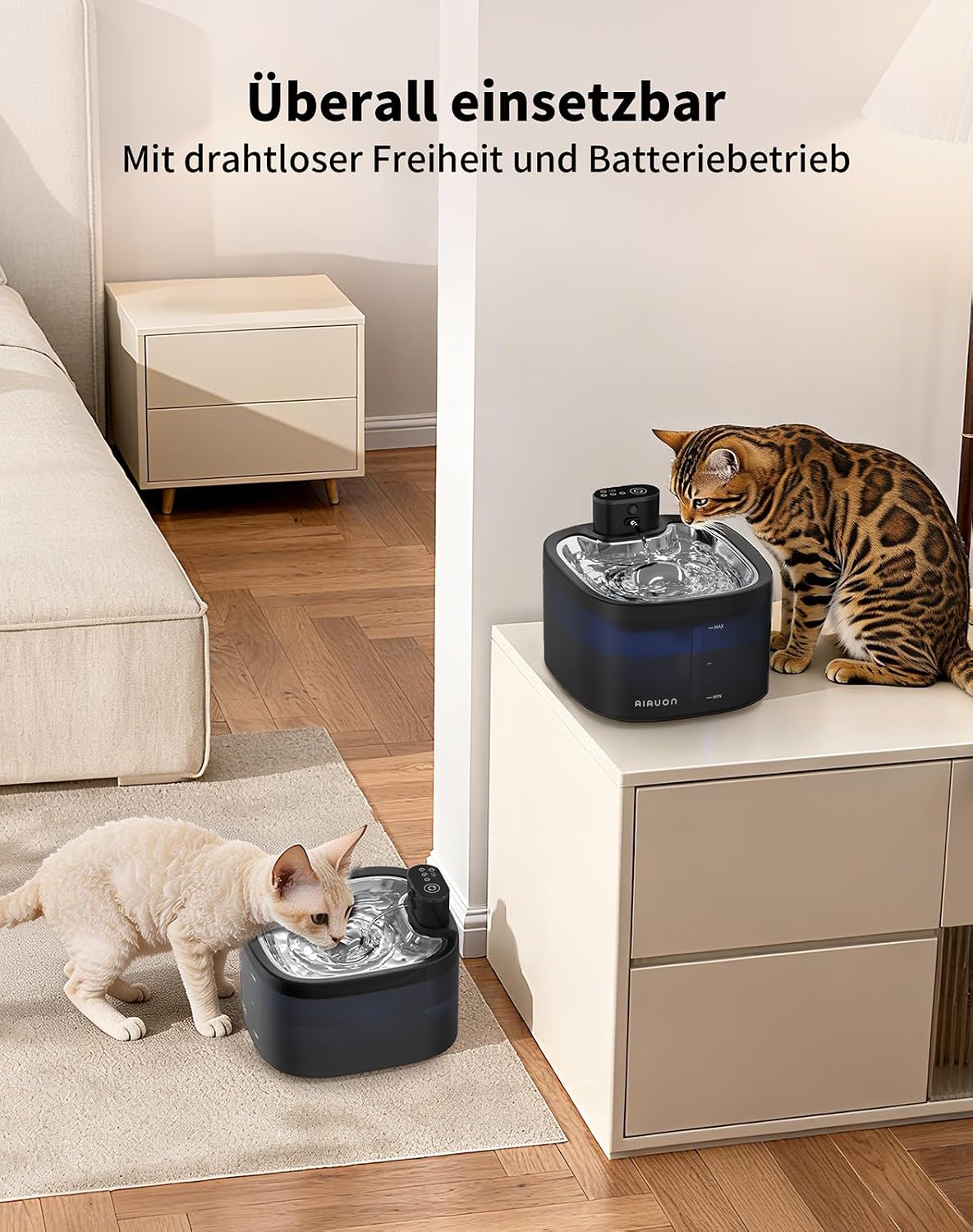 Detalle de Katzenbrunnen kabellos 3,5 L – Drahtloser Trinkbrunnen mit Sensor, 3 Modi, Edelstahl-Schale, leise und batteriebetrieben (Schwarz + 2 Filter)