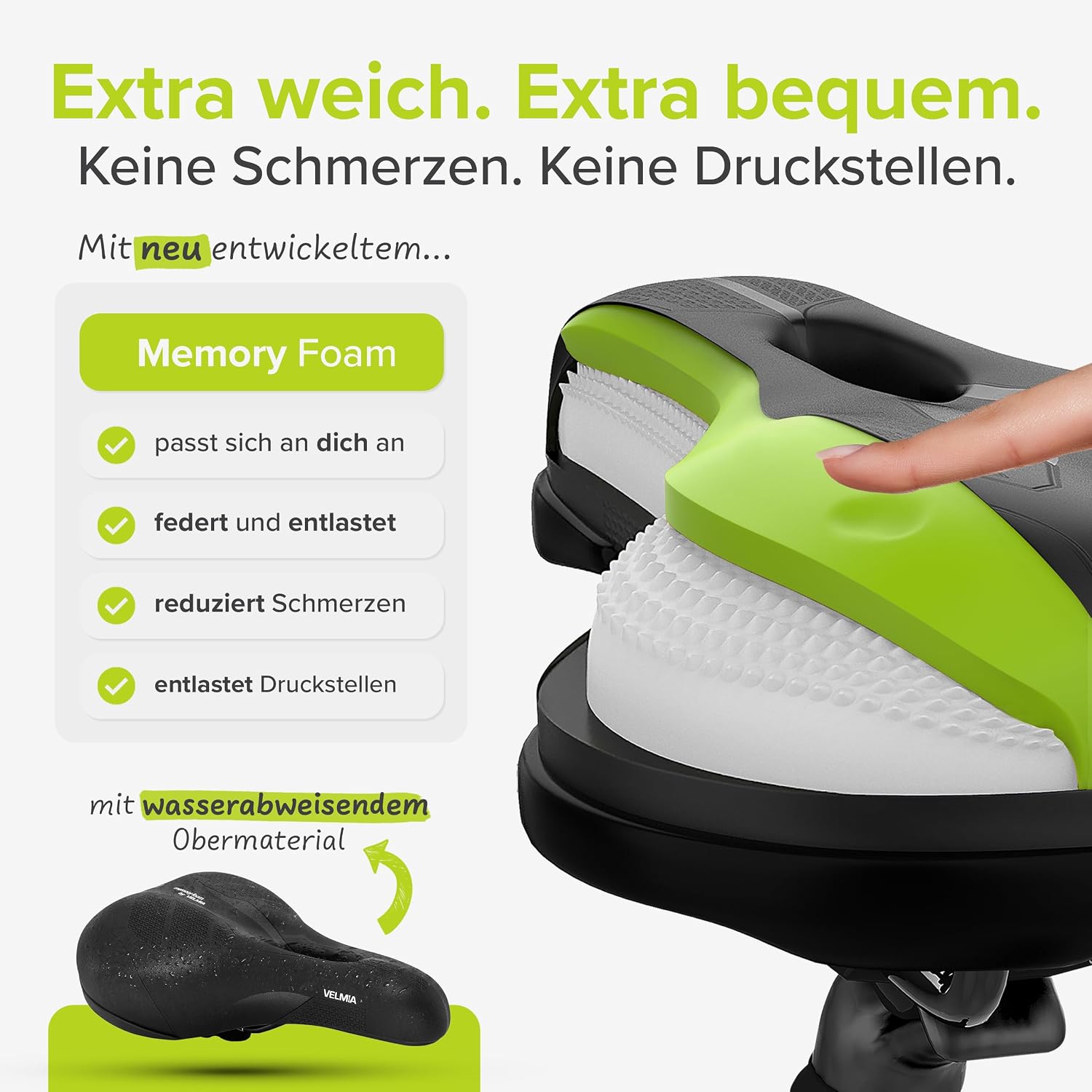 Detalle de Velmia Fahrradsattel mit 3-Zonen-Konzept, ShockAbsorb-Federung & Memory-Schaum für Herren & Damen