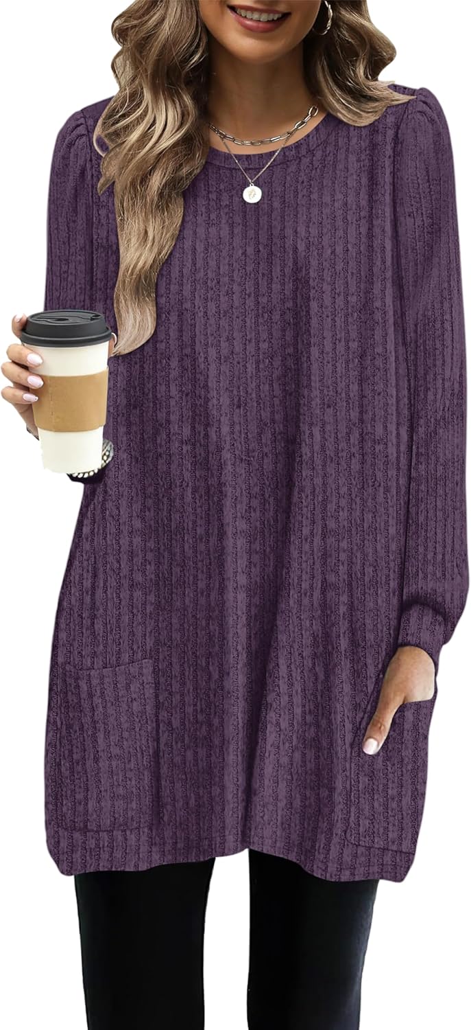 Detalle de WNEEDU Sweater Dress for Women, Striped Long-Sleeve Tunic with Pockets