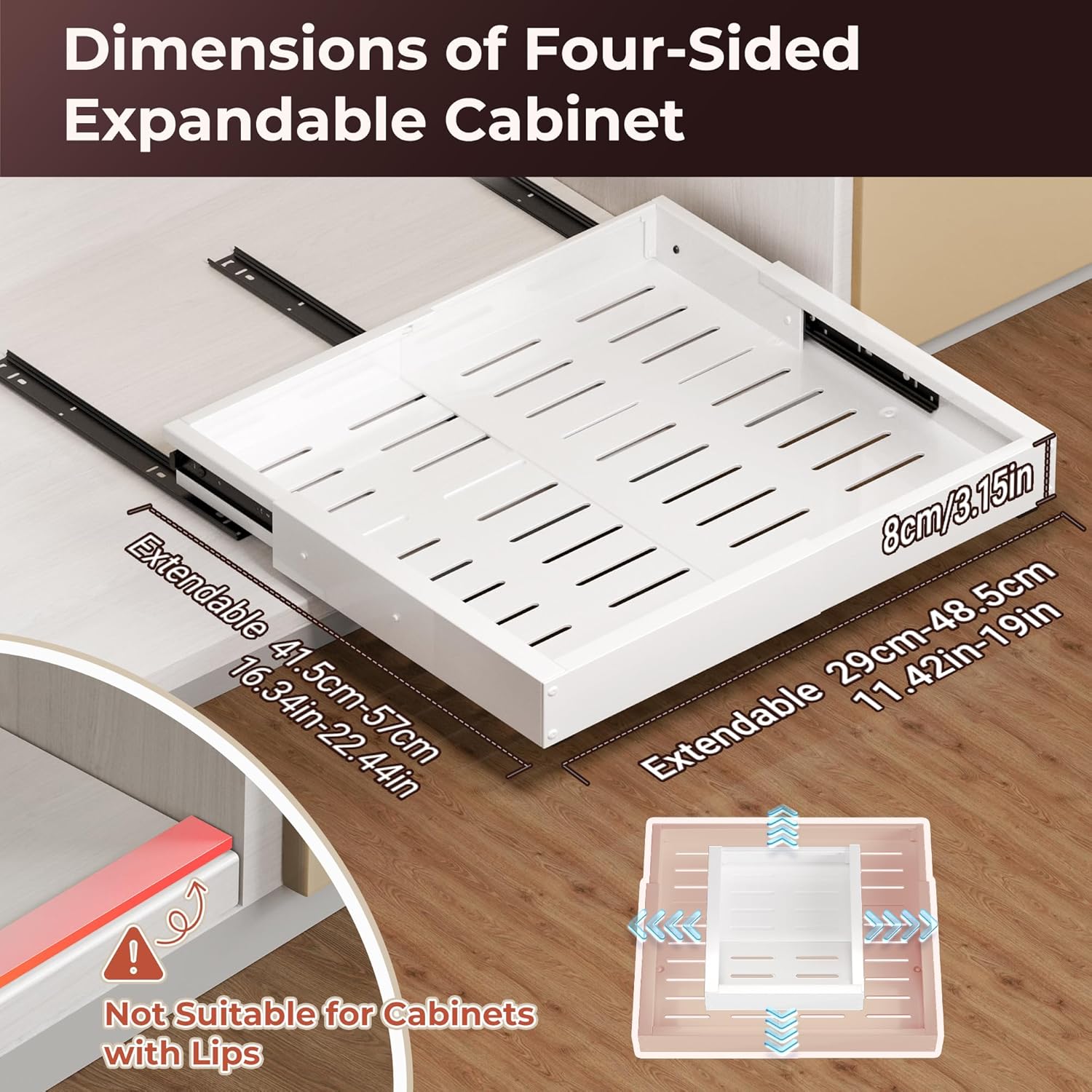 Thumbnail 2 de Makfoner 2 Pcs Pull Out Cabinet Organizers with Adjustable Width and Depth (12"-19" x 17"-23"), 3 Slides, Adhesive/Screw Install, No-Drill, For Kitchen & Bath
