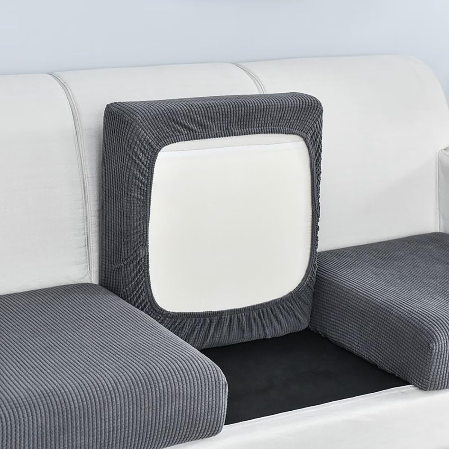 Detalle de Edumov Velvet Stretch Sofa Seat Cushion Covers (Large 1-Seater) – Non-Slip, Universal Fitted Slipcovers in Dark Grey