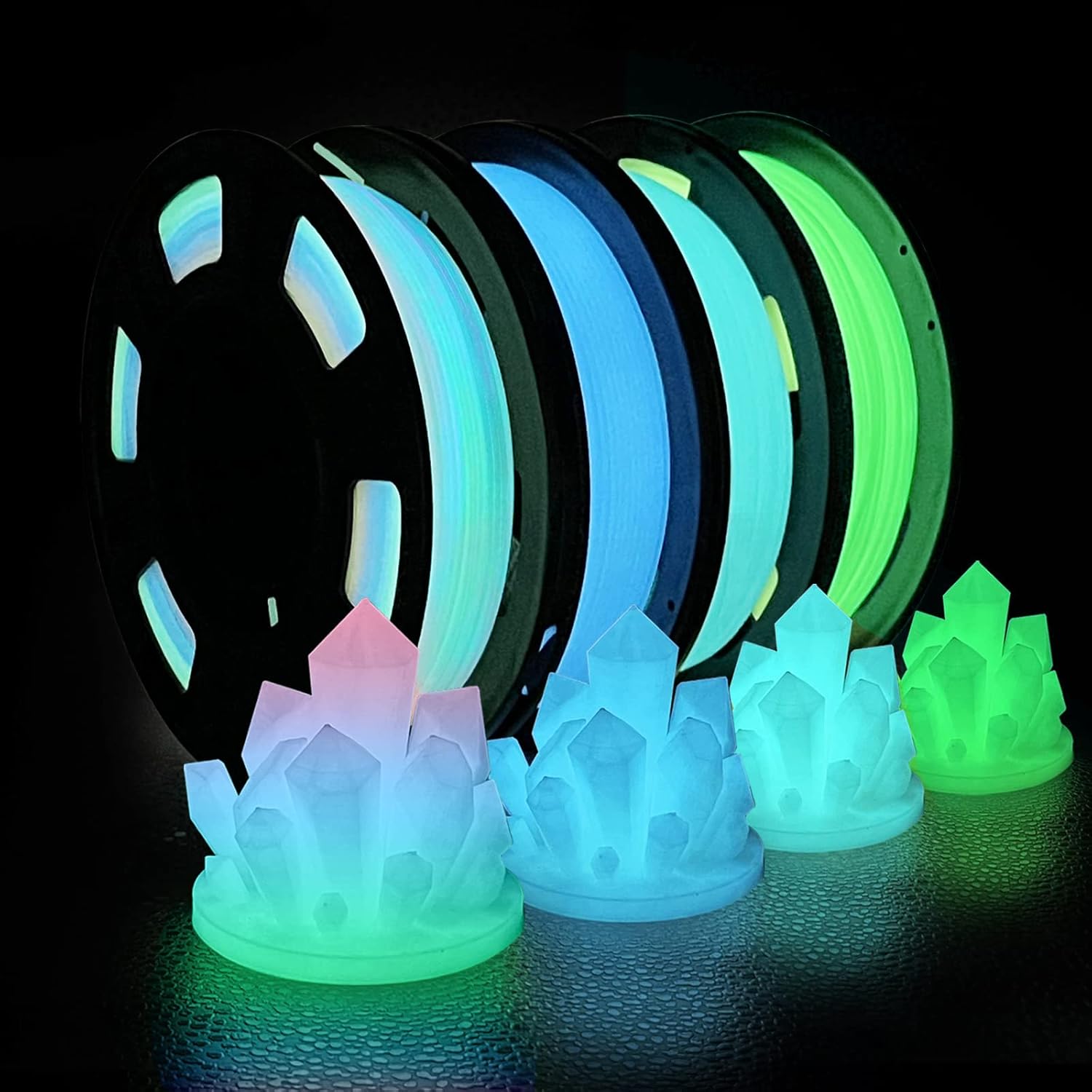 iSANMATE Glow PLA 1,75 mm Bundle (4 Spulen) – Glow-in-the-Dark Filament in Grün, Blau, Rainbow