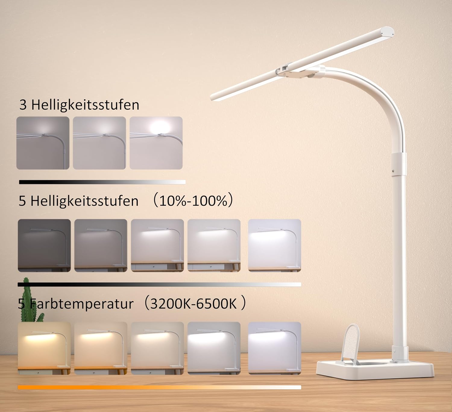 Thumbnail 2 de LOTTBUTY Doppelkopf Schreibtischlampe LED dimmbar (24 W, 80 cm) mit Tageslicht & Handyhalter