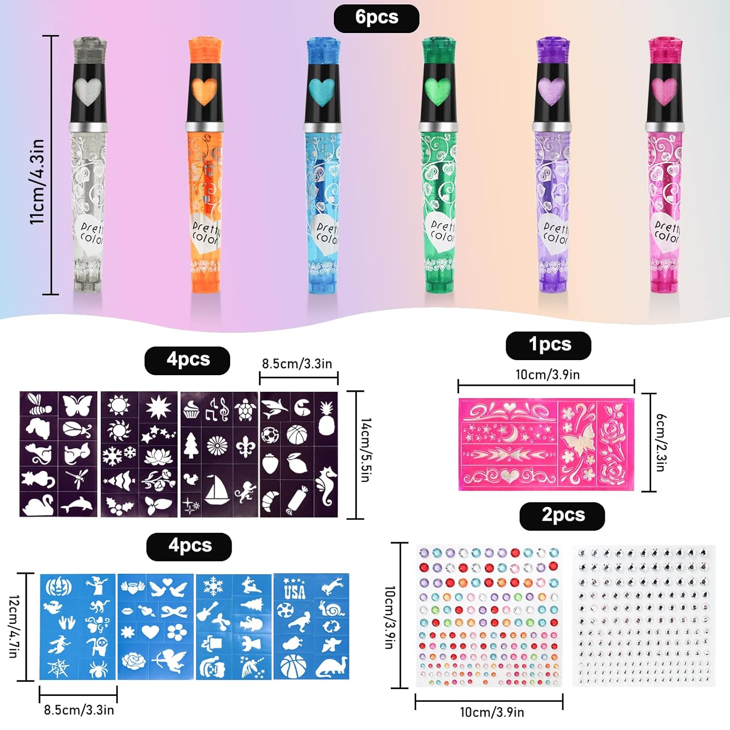 Detalle de Glitzer Tattoo Set mit 48 Farben, 204 Schablonen, 5 Pinseln, 3 Klebern & 218 Strasssteinen – temporäre Wasserdichte Tattoos
