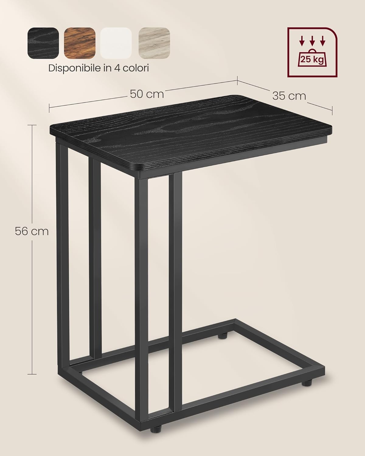 Detalle de VASAGLE LNT050B56 tavolino da letto con ruote e 4 piedi regolabili, comodino mobile nero ebano