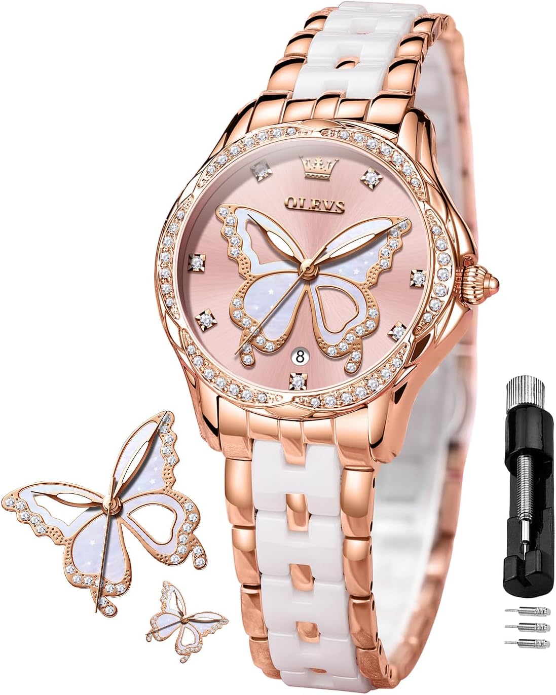 Thumbnail 6 de OLEVS Damen-Diamantuhr Elegante Luxus-Armbanduhr mit Roségoldkäfig und Keramikglas