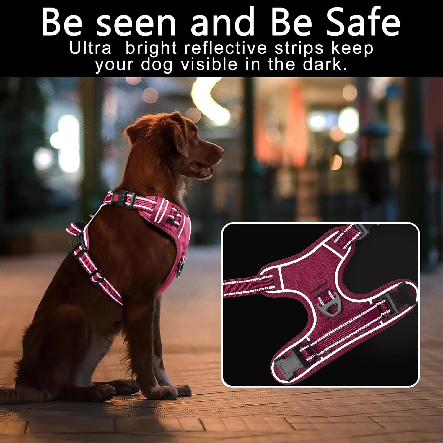Detalle de HEELE Hundegeschirr Gr. L – verstellbares Brustgeschirr mit reflektierenden Streifen, Quick-Snap-Verschluss, offener Halsbereich, Fuchsia