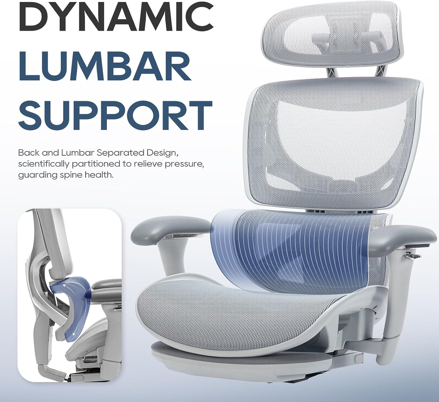 Detalle 1 de COLAMY 5188-Grey Ergonomic Mesh Office Chair with Footrest and 3D Arms