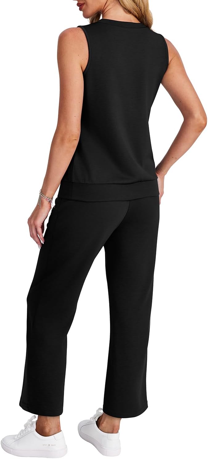 Detalle de WIHOLL Two Piece Set for Women: Summer Lounge Set with V Neck Top and Wide-Leg Cropped Pants