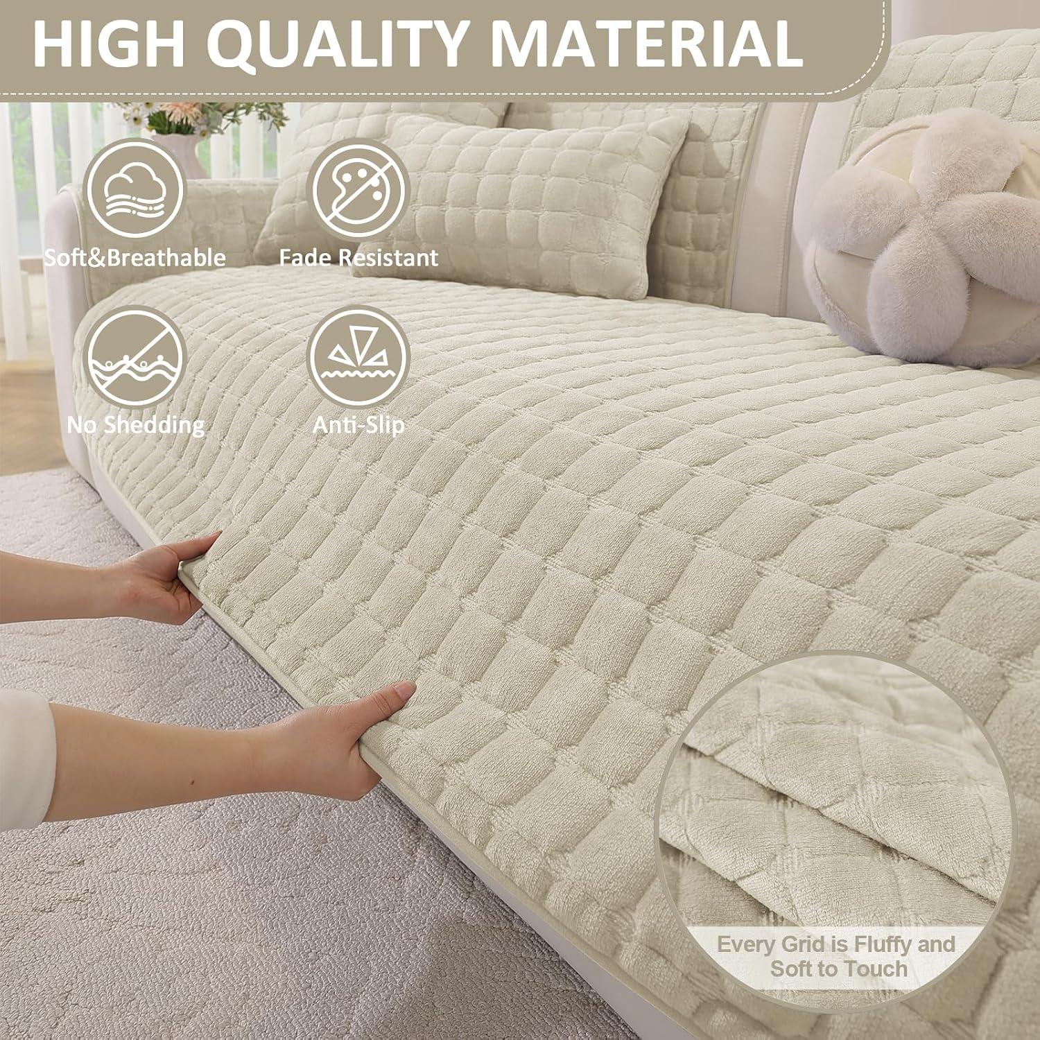 Thumbnail 5 de Ystyle copridivano in pile morbido antiscivolo per divani 1/2/3/4 posti e angolari con chaise longue (beige, 90x210 cm)