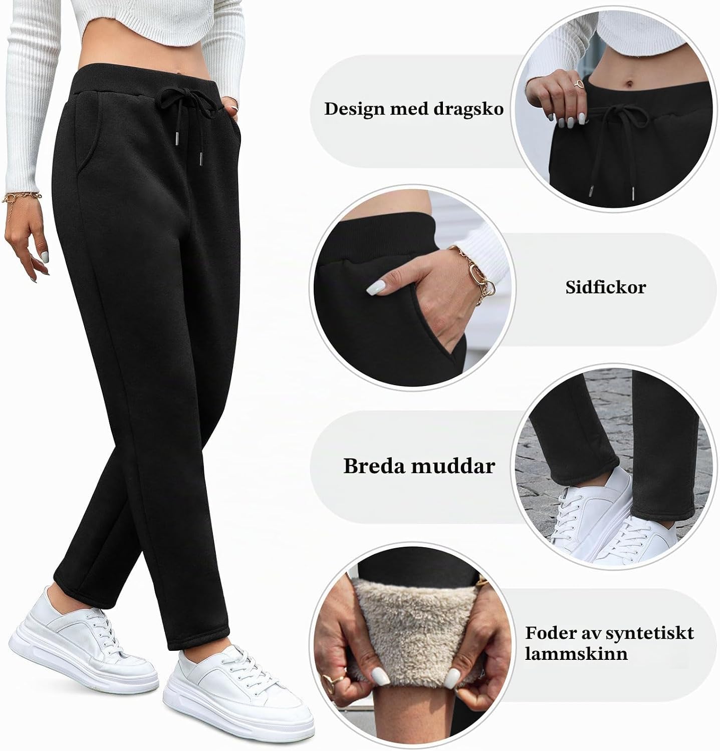 Detalle 2 de Vorvowry fleecefodrade joggingbyxor för kvinnor med sherpa och fickor