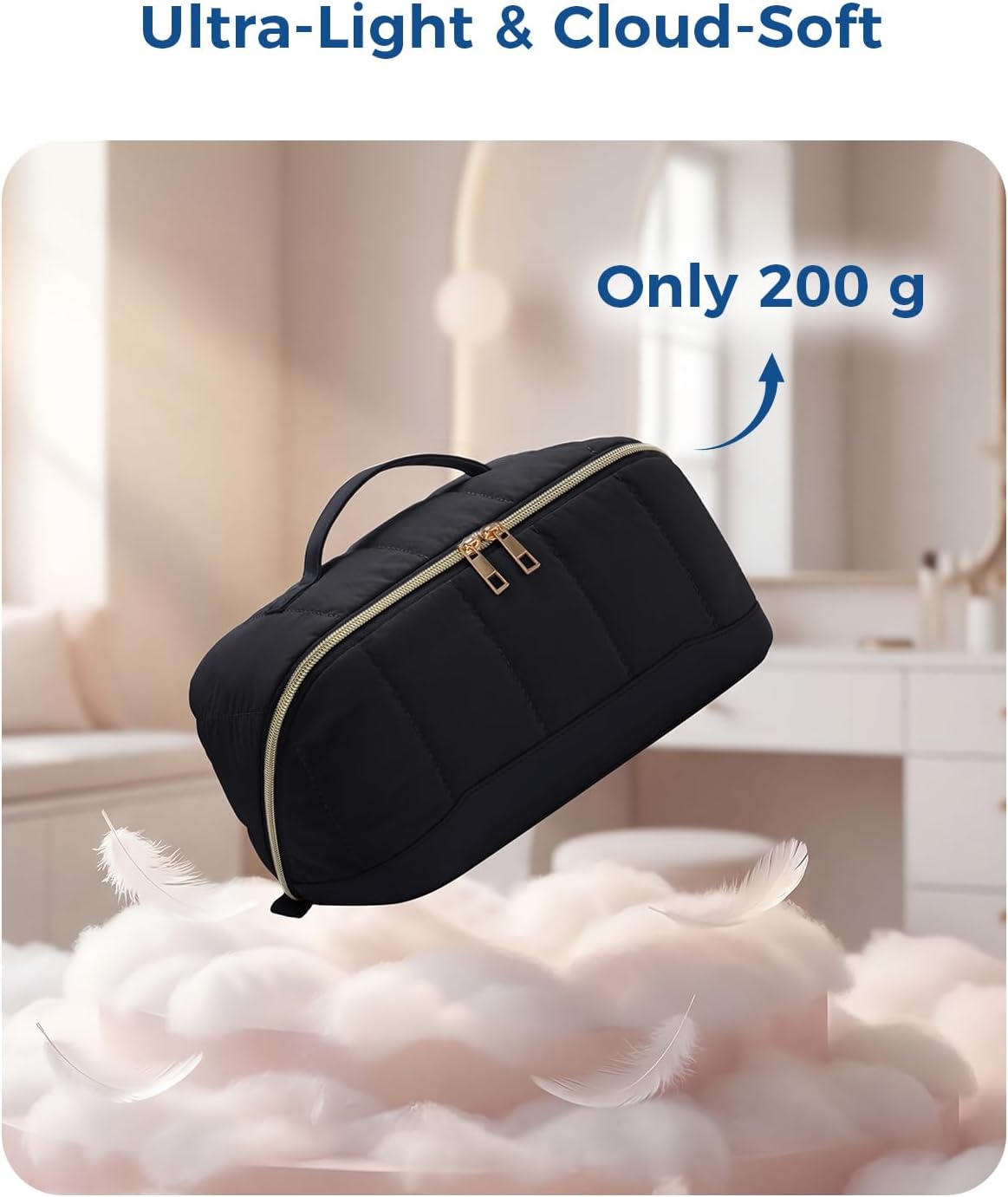 Thumbnail 3 de Travel Makeup Bag Large Quilted Cosmetic Organizer with Brush Compartments & Handle – Black