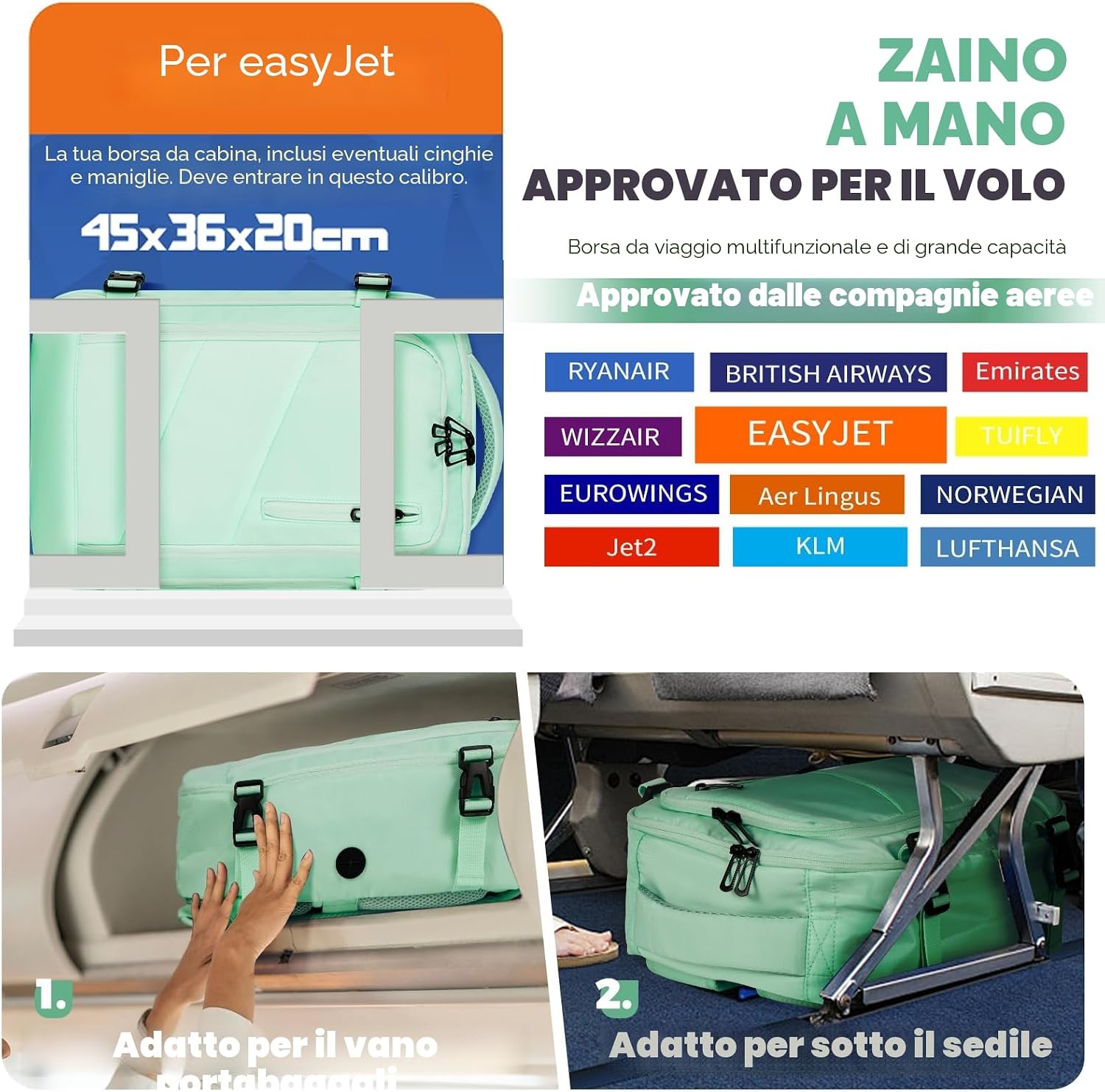 Thumbnail 1 de Zaino da viaggio per cabine Ryanair – 40×36×20 cm, zaino bagaglio a mano resistente all’acqua