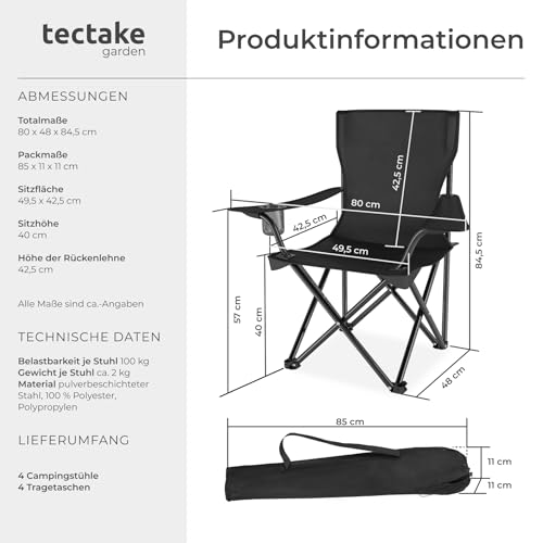 Detalle de tectake 4er Set Camping Stühle – Klappstuhl mit Armlehne, Getränkehalter und Tragetasche, schwarz