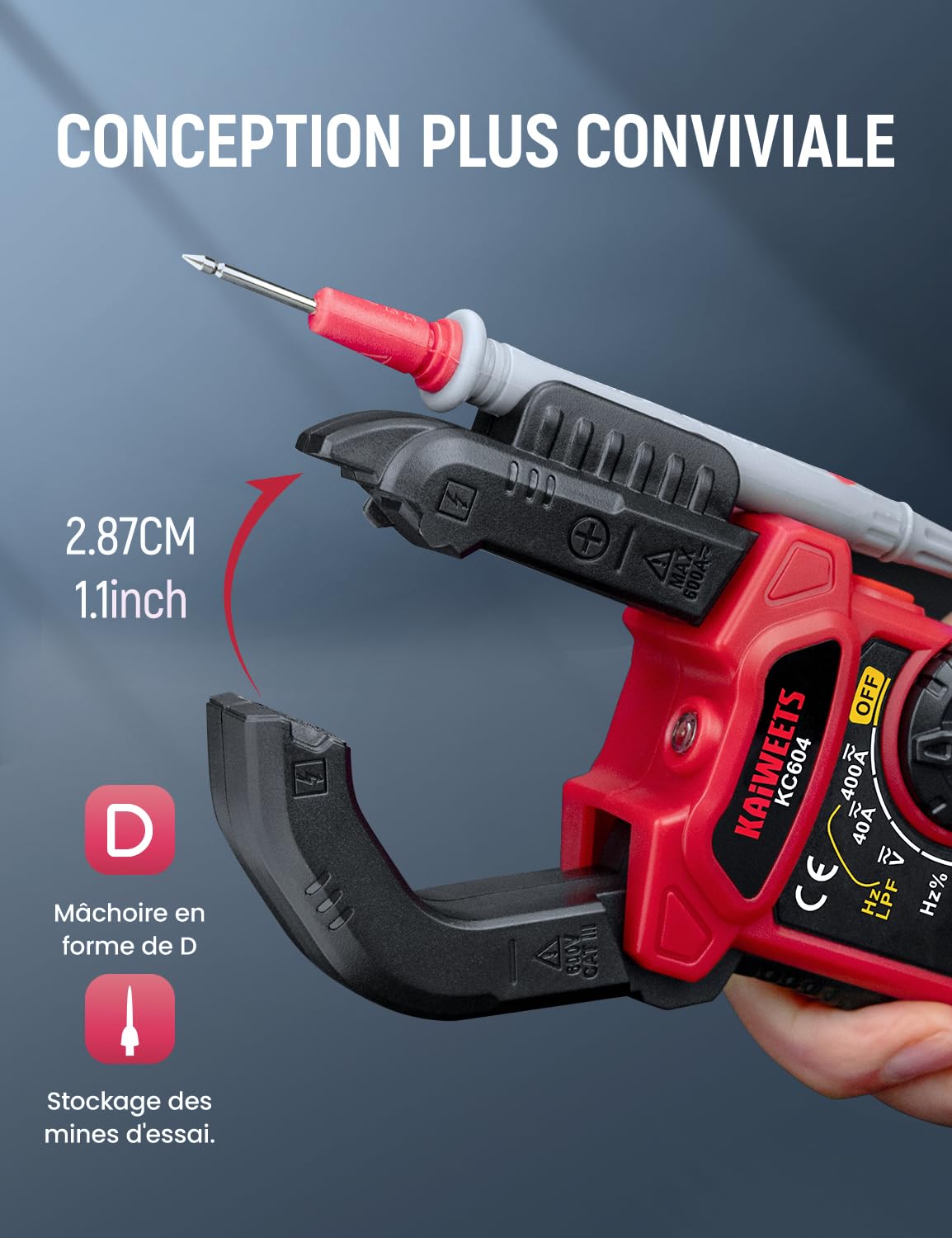 Detalle de KAIWEETS KC604 : pince ampèremètre AC/DC T‑RMS avec mesure courant, tension, continuité et test diodes