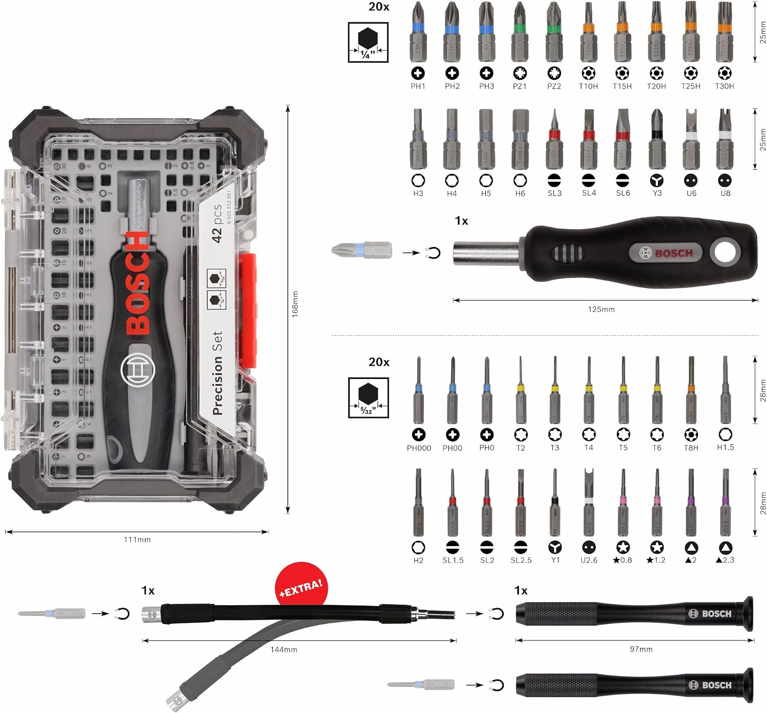 Detalle de BOSCH 2607002837 精密ドライバービットセット 43点・フレックス延長ホルダー付き