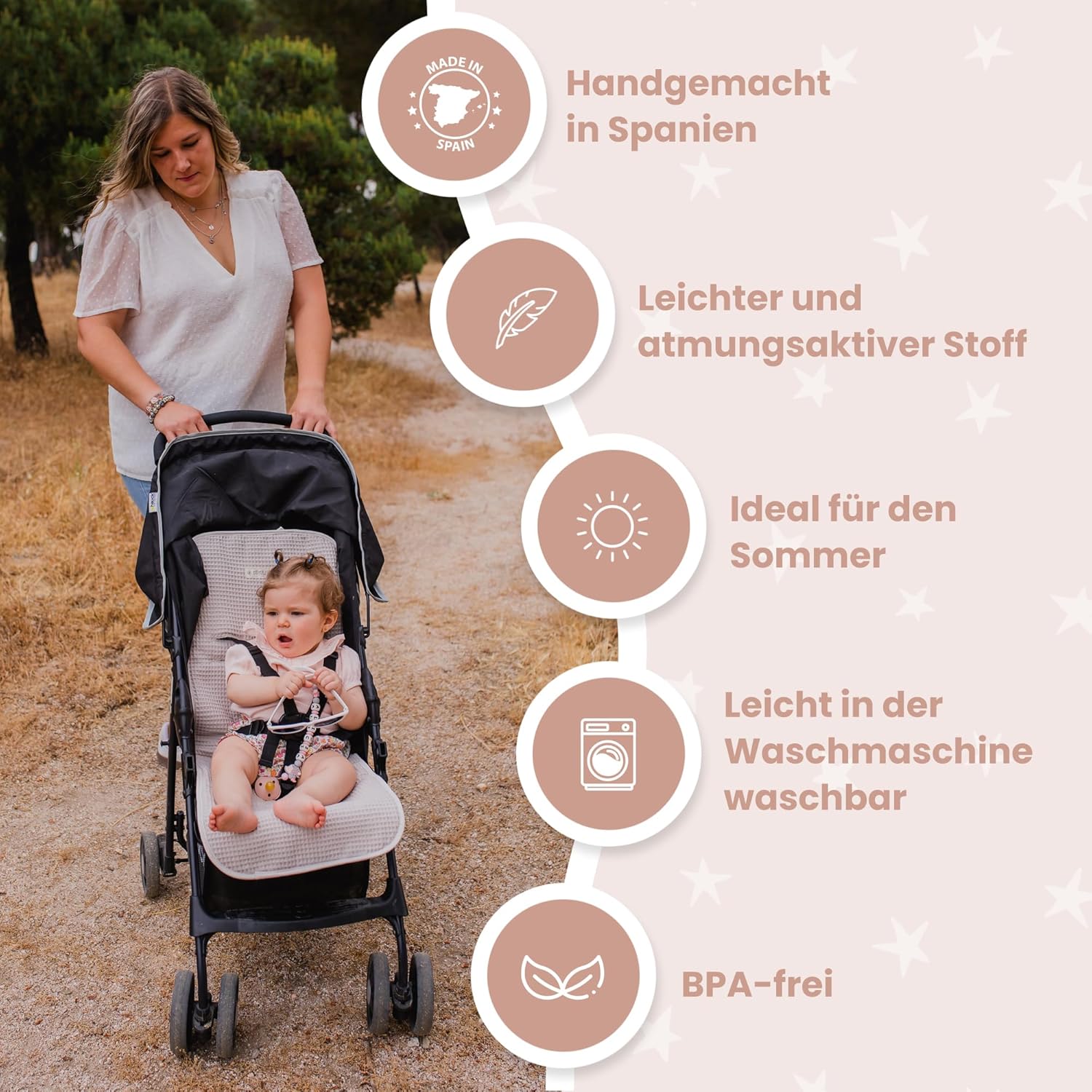Detalle de MIMUSELINA Kinderwagen Sitzauflage Universal aus 100% Baumwolle OEKO-TEX – atmungsaktiv, waschbar, 34 × 84 cm
