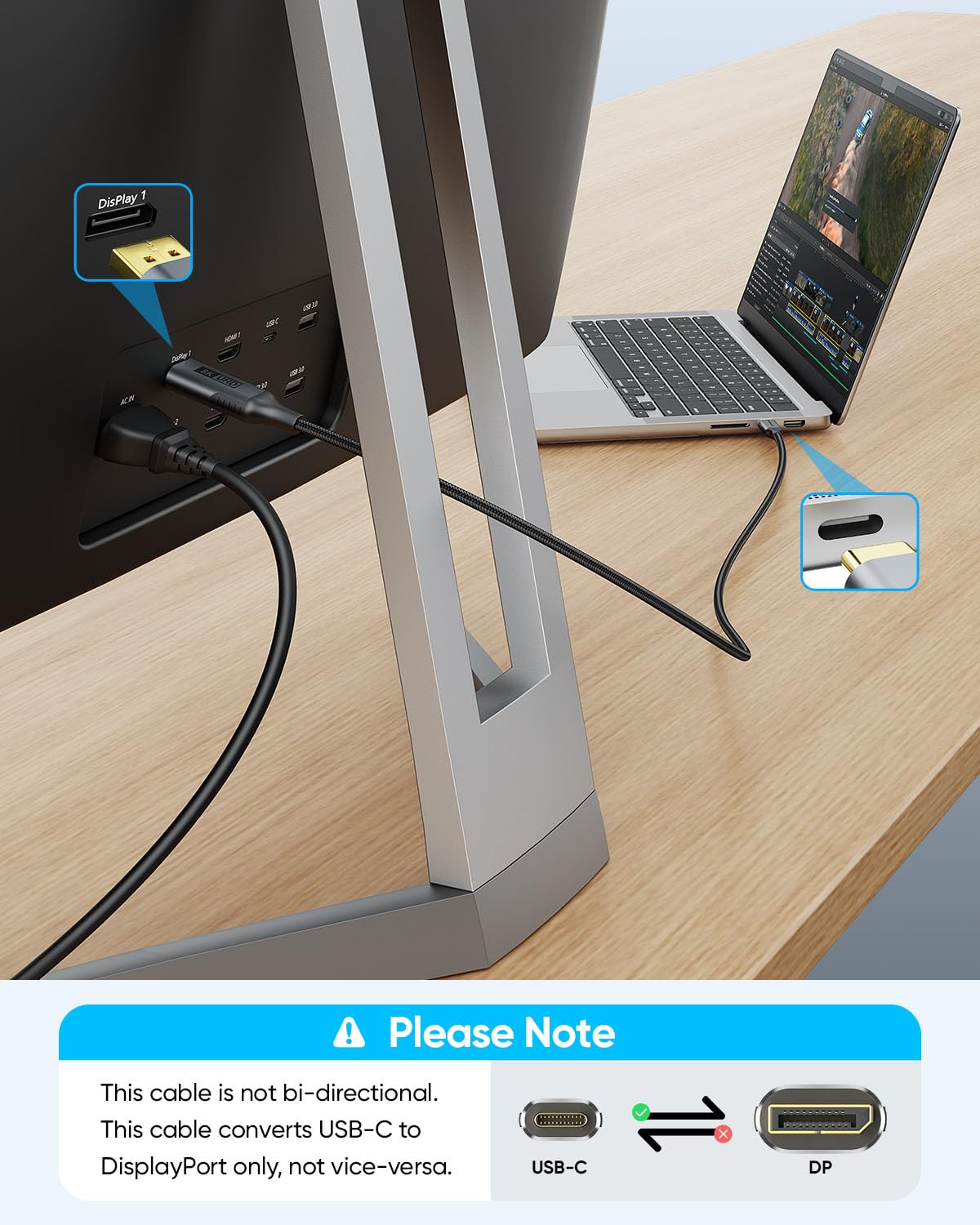 Detalle 1 de SUNGUY USB-C vers DisplayPort 2 m 32,4 Gb/s