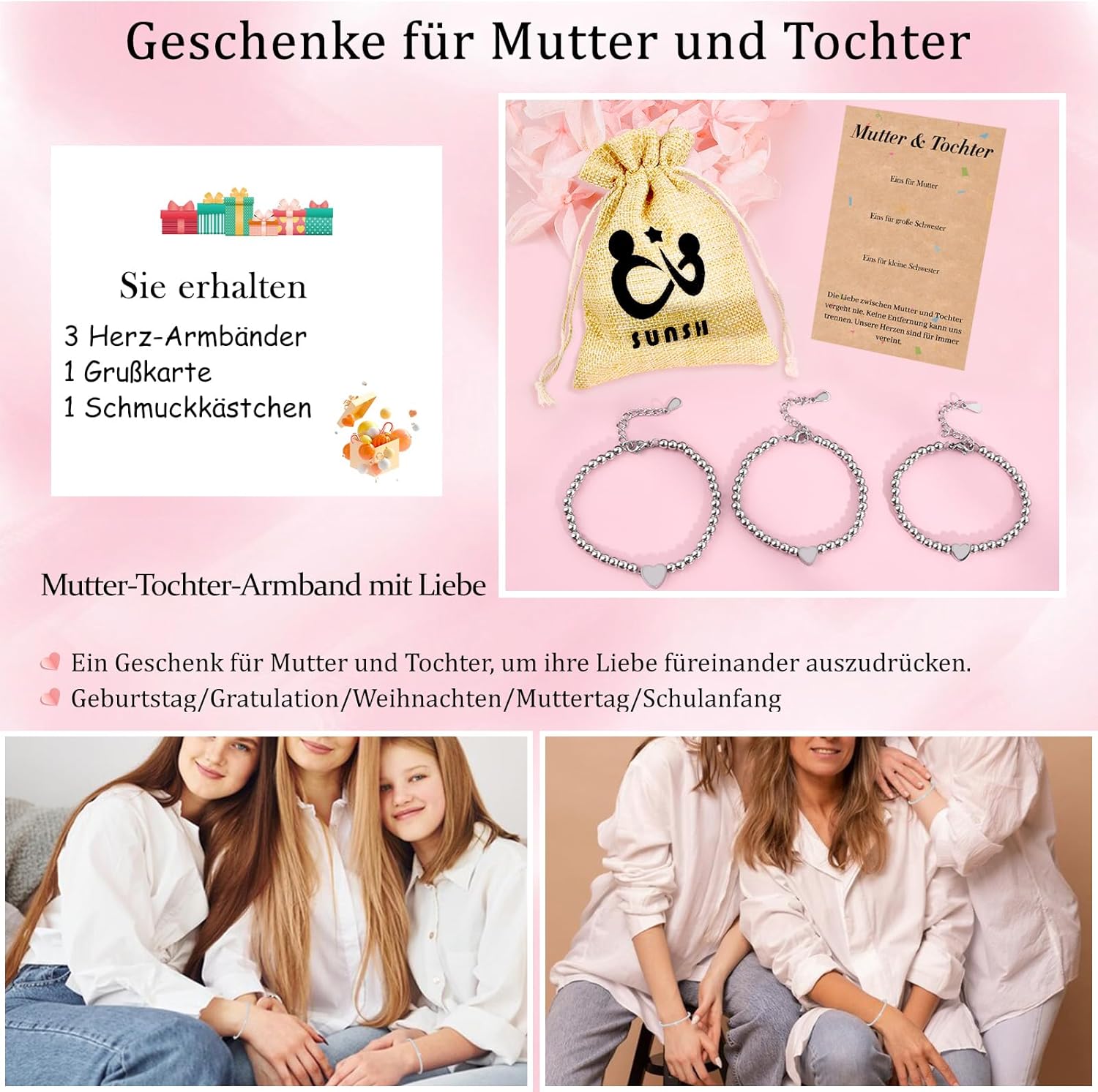Thumbnail 4 de SUNSH 2–3 Stück Mutter & Tochter Armband-Set für Schule, Muttertag und Geburtstag