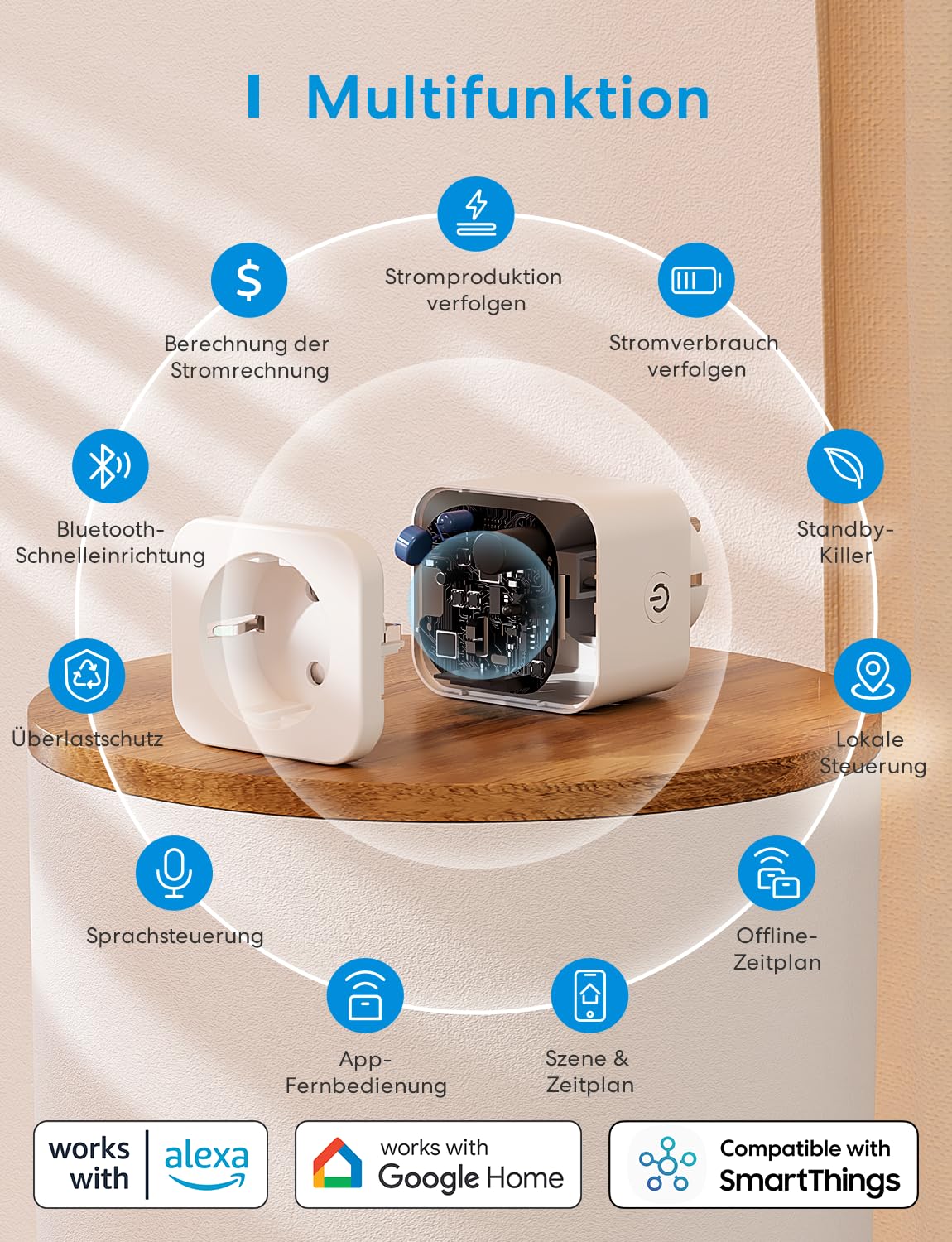 Detalle de Meross Smart-Steckdose mit Verbrauchsmessung (16A) – Bluetooth/WLAN, Alexa & Google Home, Zeitschaltuhr, für Balkonkraftwerk (2er-Set)