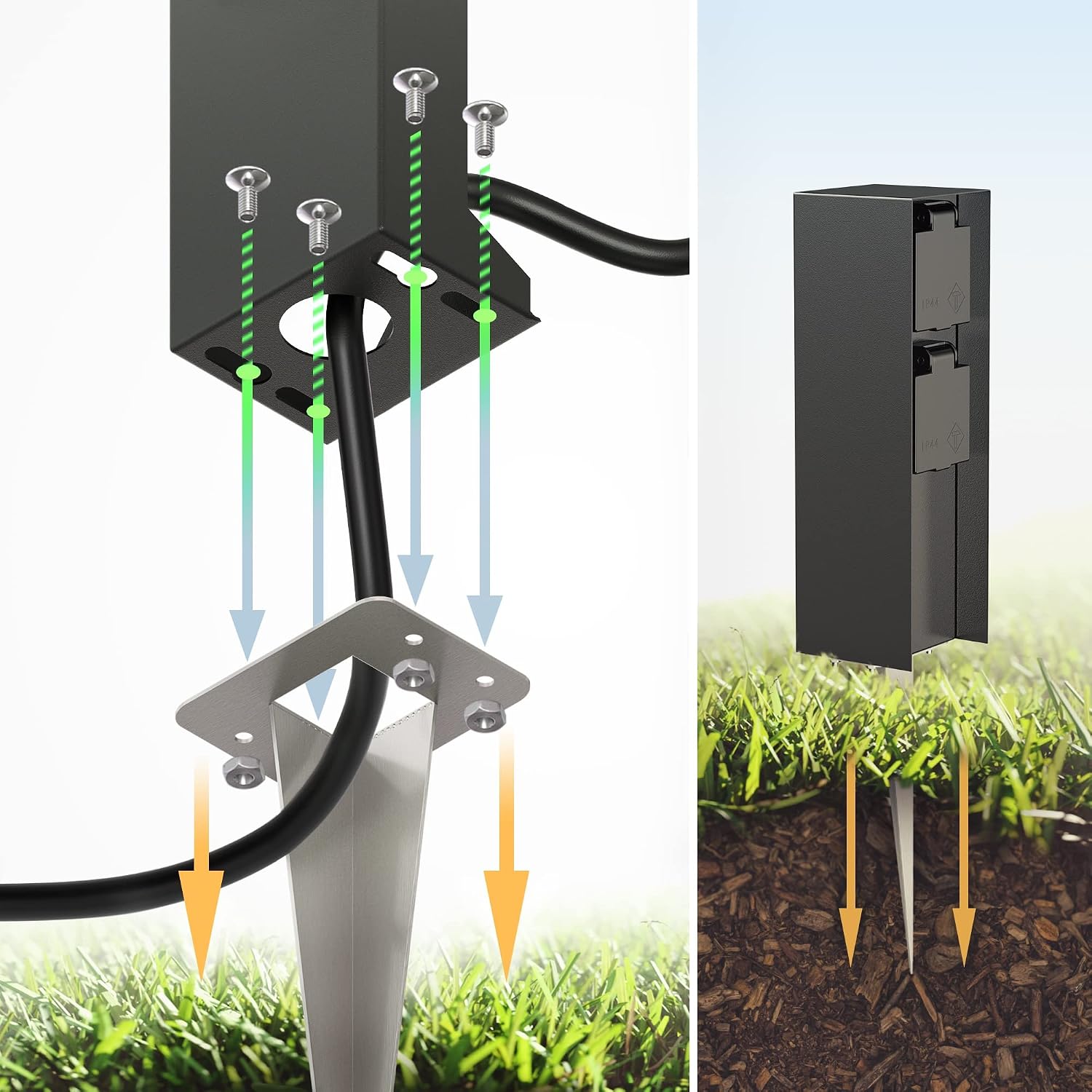 Detalle de ledscom.de Garten-Steckdosen-Säule POMI mit Erdspieß, 2-fach, IP44, schwarz, eckig