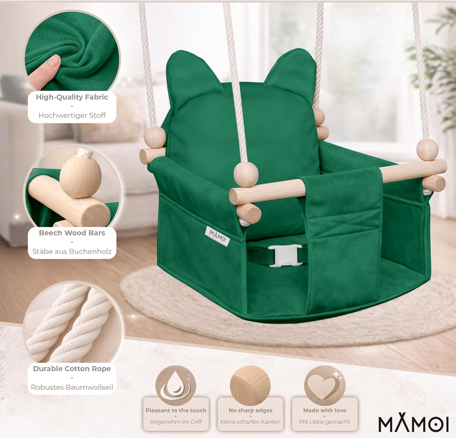 Detalle 2 de MAMOI Altalena per bambini con cintura di sicurezza – seduta sicura per interno, 6–36 mesi