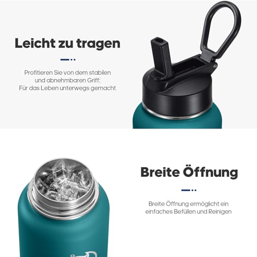 Detalle 2 de HydroPal Edelstahl Isolierflasche 1,2 L – doppellagig, 2 Deckel inklusive Strohhalm