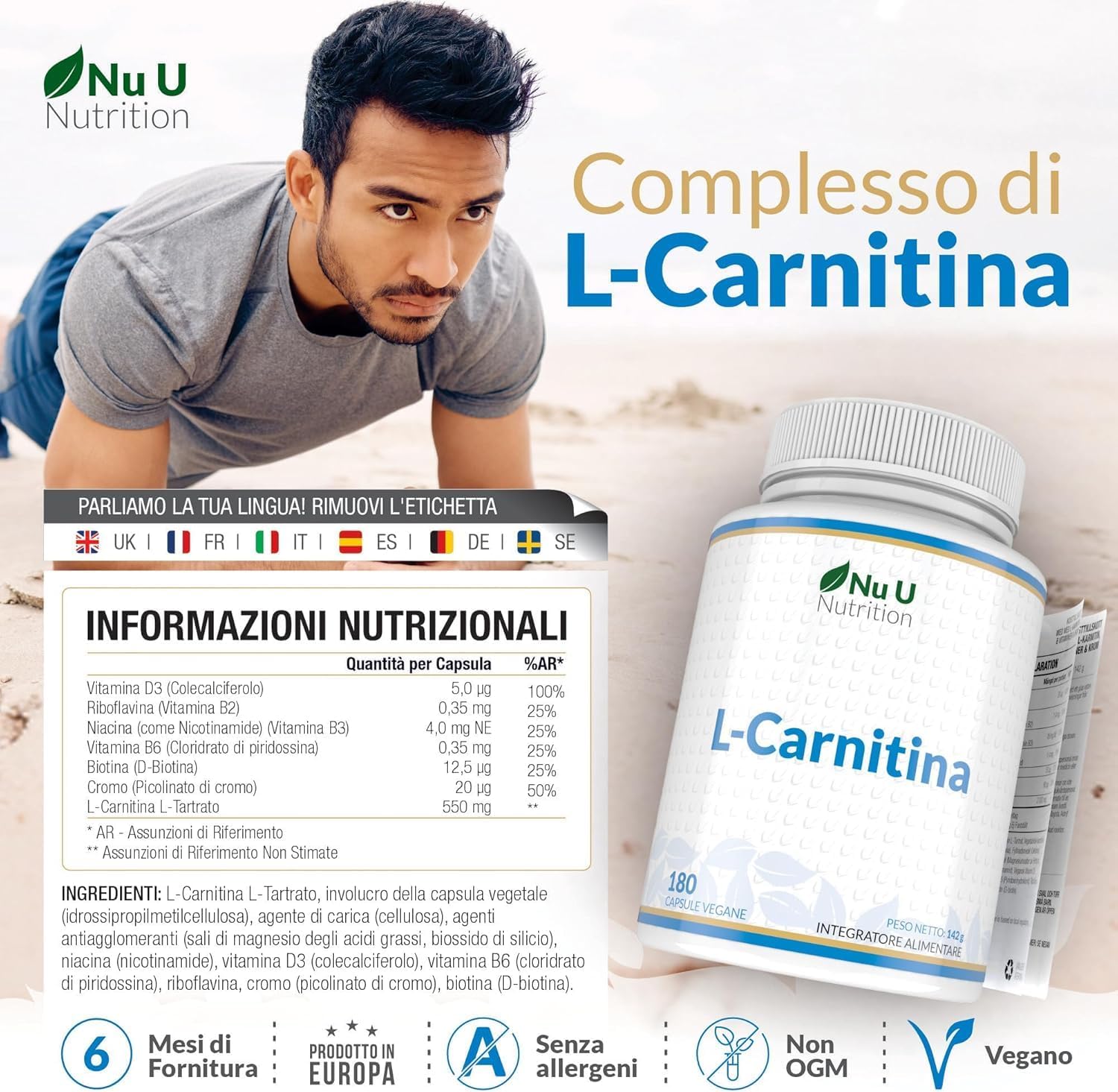 Detalle 2 de L-Carnitina Tartrato Forte - 180 Capsule Vegane di Nu U Nutrition