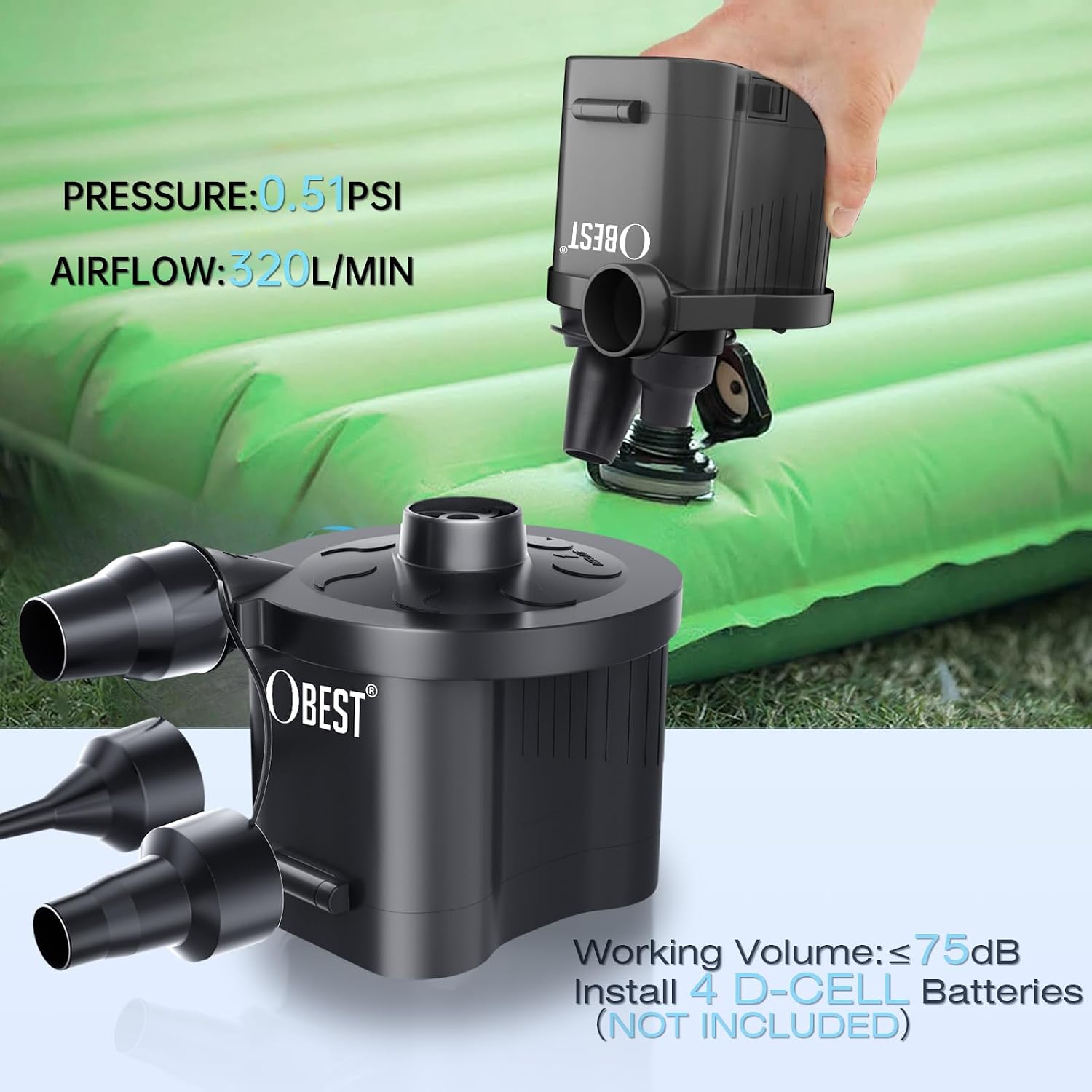Detalle de OBEST Electric Air Pump: Battery-Powered, Portable Inflatables Inflator/Deflator