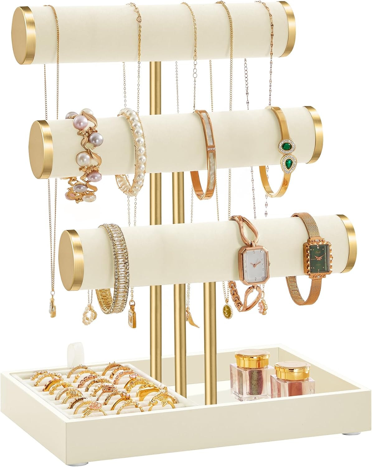 SONGMICS Porta Bracciali JJS027W101: portagioie bianco crema e oro pallido con 5 elementi espositivi