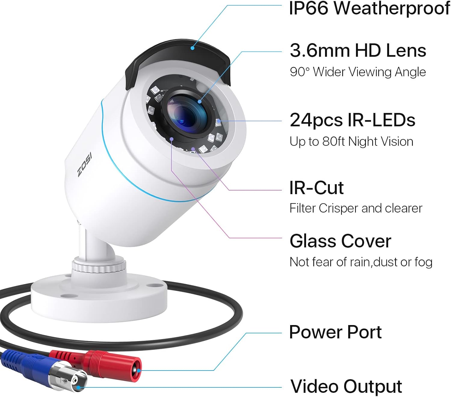 Thumbnail 5 de ZOSI 4PCS 1080P TVI: telecamere di sorveglianza per esterni IP66 con visione notturna fino a 20 m e lente 3,6 mm