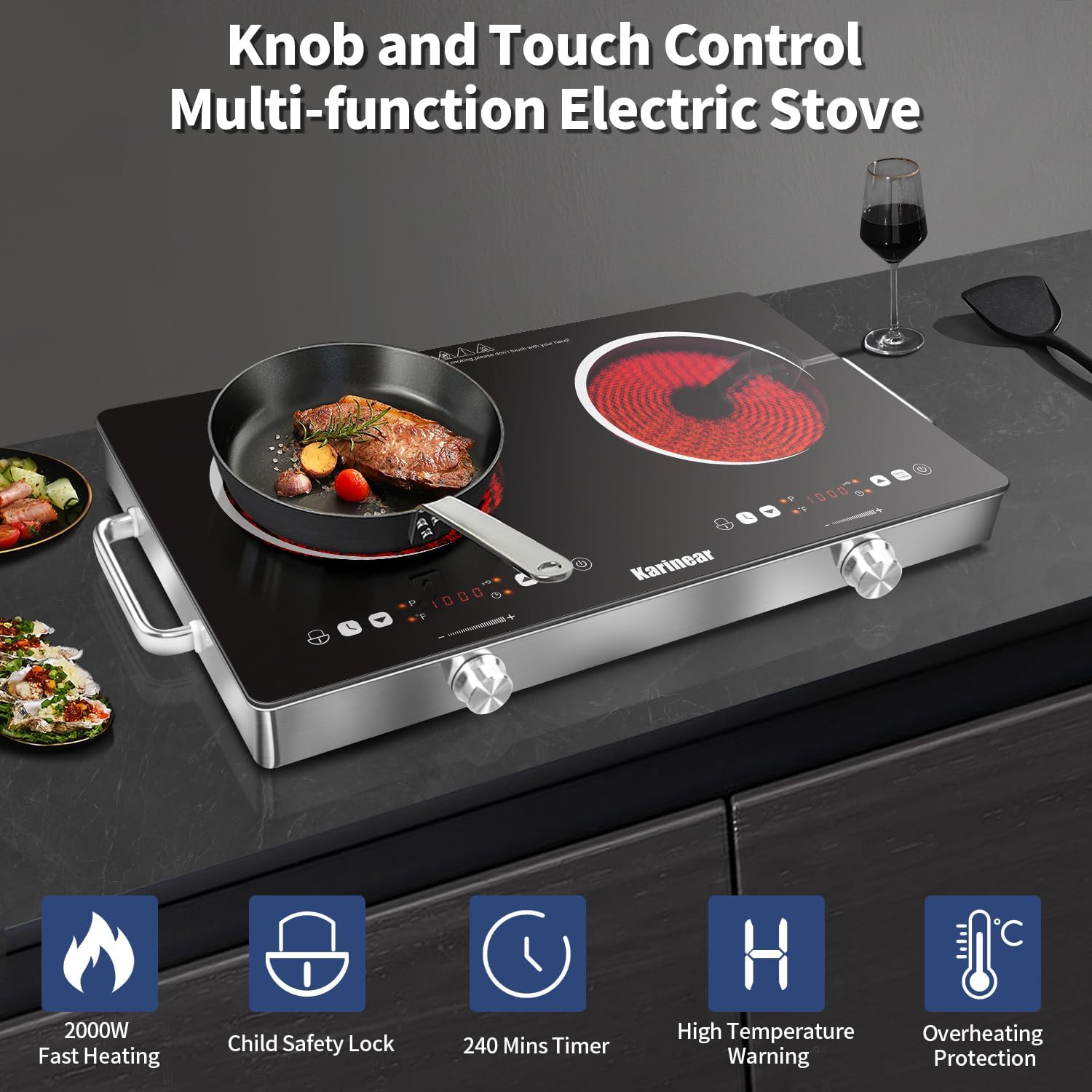 Detalle de Karineer 2 Burner Electric Cooktop 110V — Portable 24-Inch Ceramic Countertop Stove