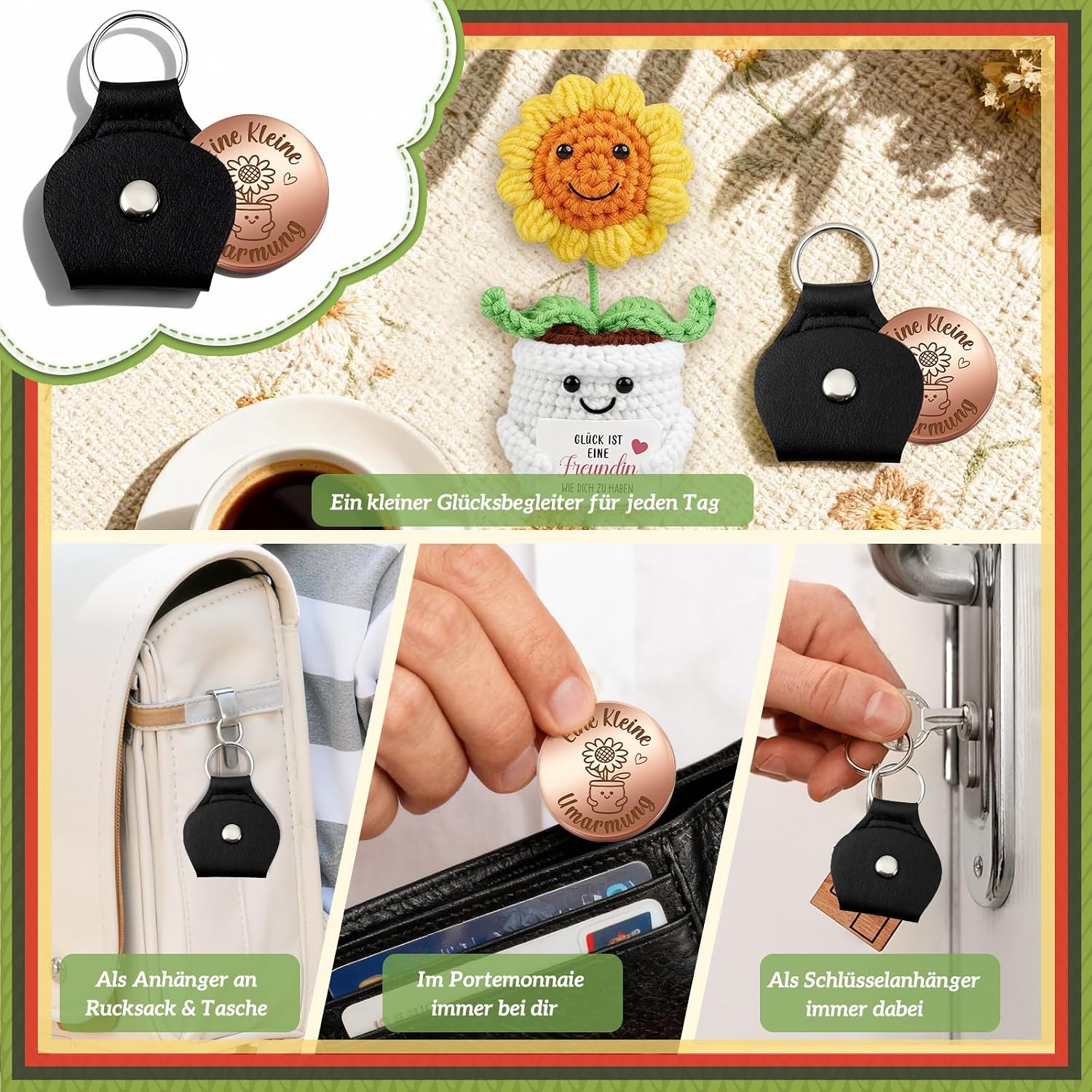 Detalle 2 de Giftota Abschiedsgeschenk für Kollegin: Pocket Hug Vergissmeinnicht mit Glücksmünze & Lederetui
