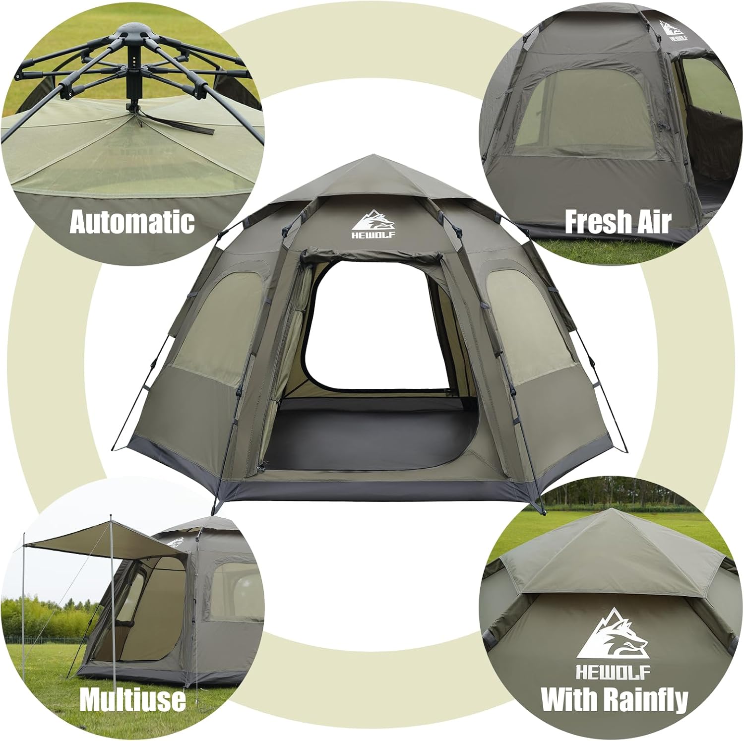 Detalle de Hewolf 2/3/4 Person Camping Tent — Instant Pop Up, Waterproof 4500mm, 2 Doors