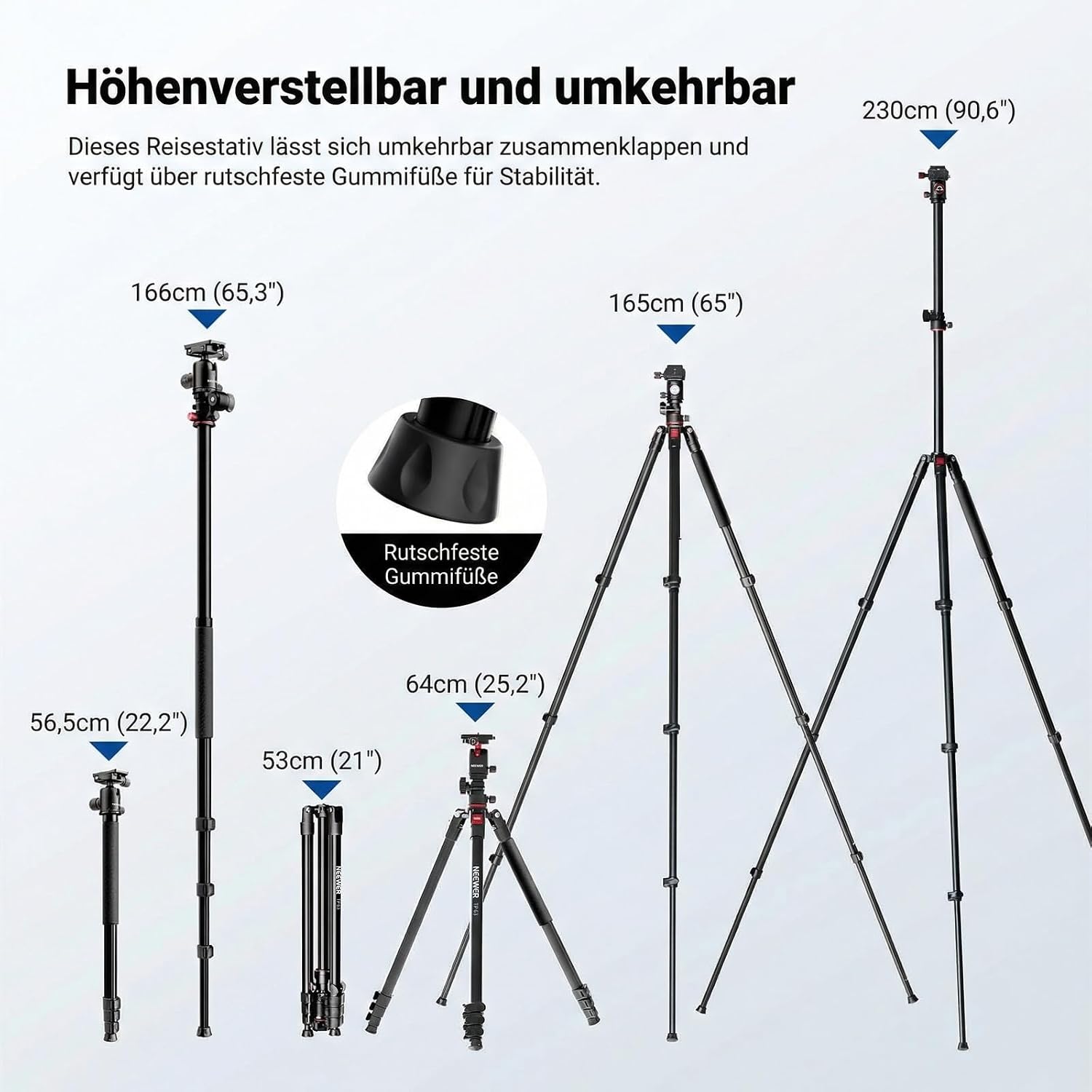 Detalle 2 de NEEWER 90 Zoll horizontales Kamerastativ mit Kugelkopf und umgekehrten Beinen – zuverlässig für DSLR-Video und Fotografie