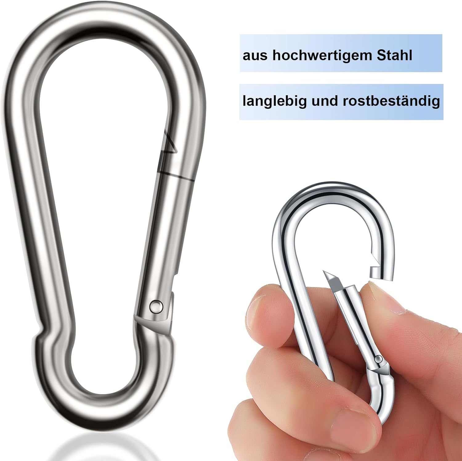 Detalle de Boxcute 6er Set Karabinerhaken groß, 80 mm – belastbar bis 400 kg, vernickelter Stahl