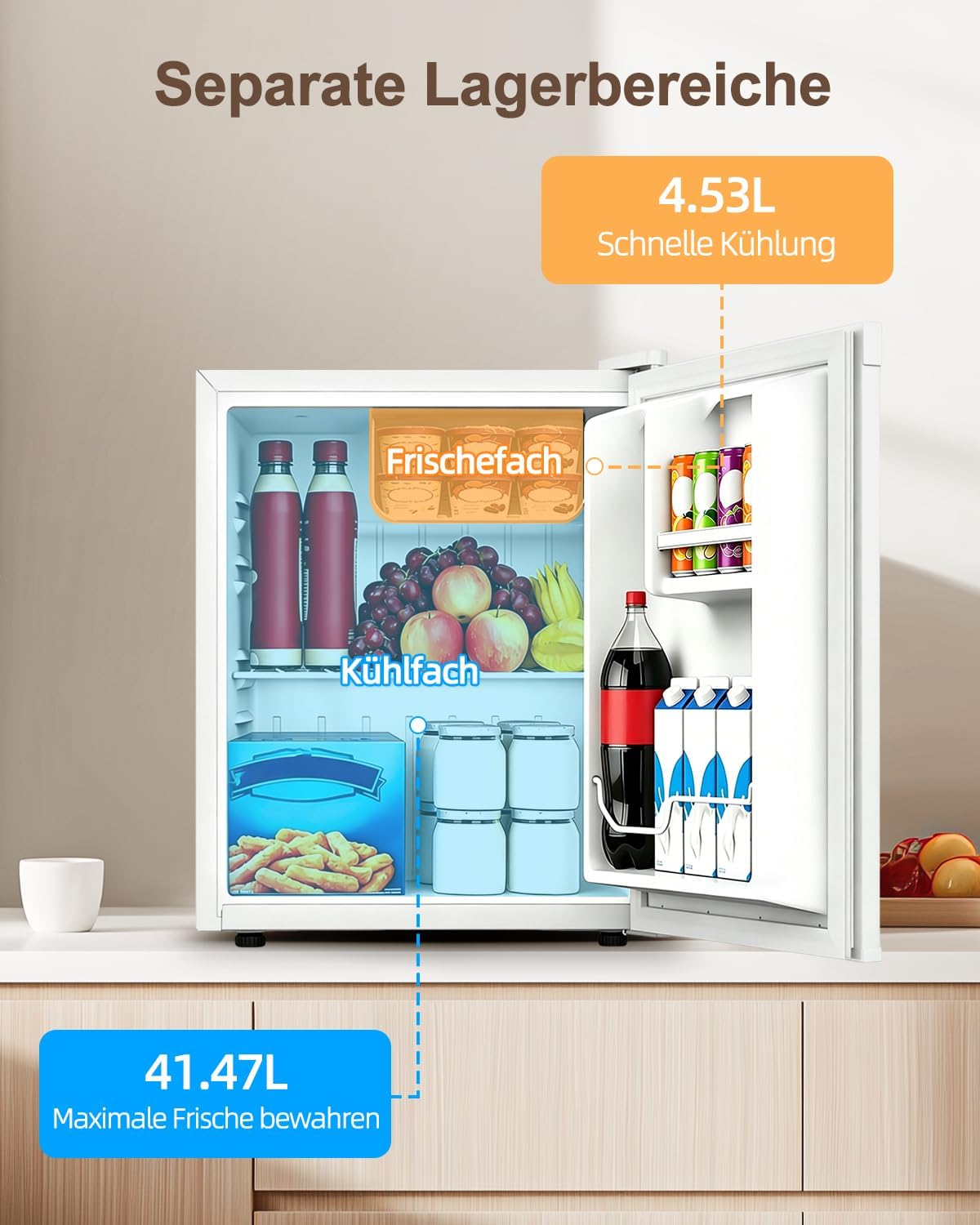 Detalle de WELLENT 46L Mini Kühlschrank – kompakt, leise und flexibel mit wechselbarem Türanschlag