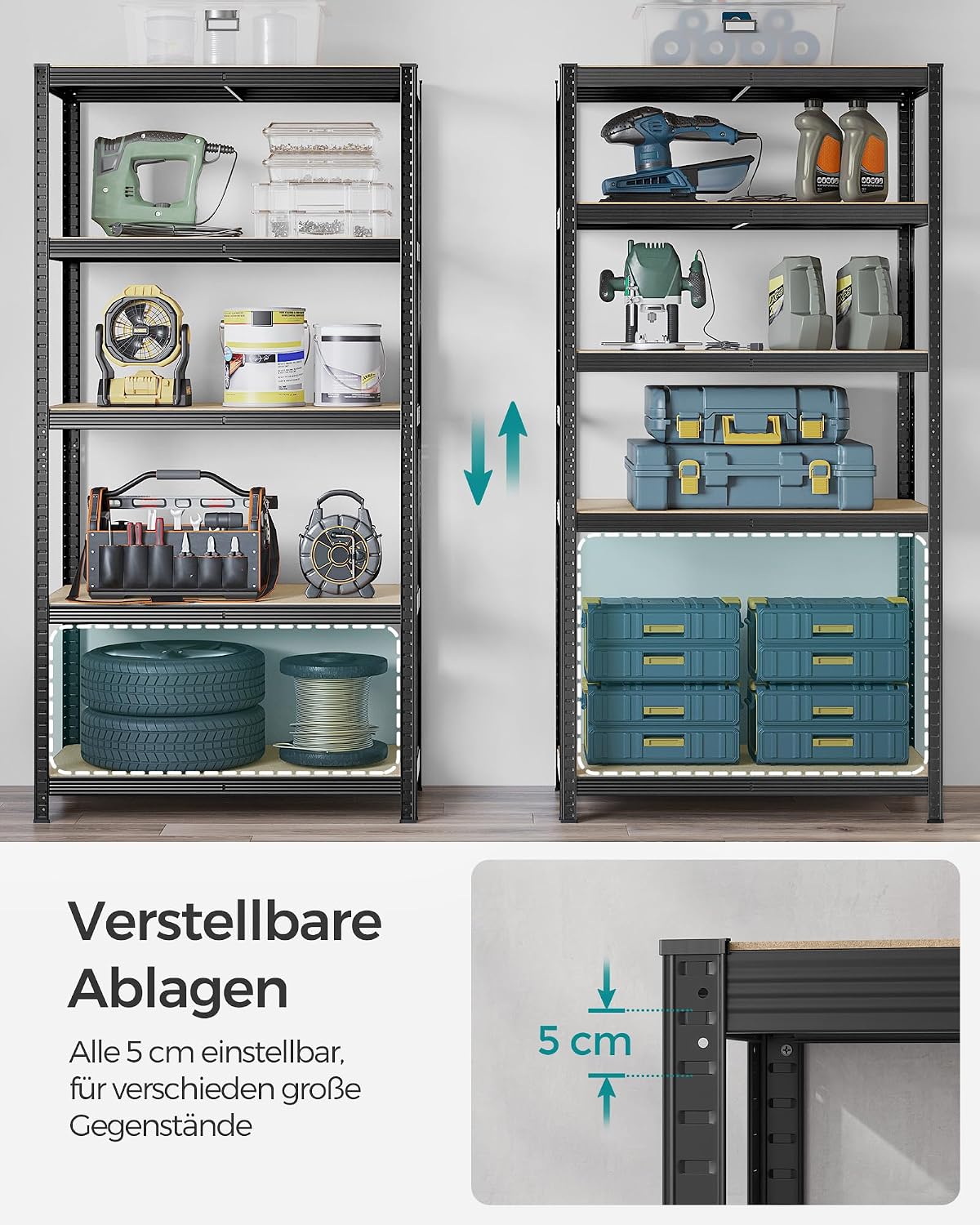 Detalle de SONGMICS Regal mit 5 Ebenen GLR050B01 (50 x 100 x 200 cm) – Stahlregal im Industriestil, verstellbare Bretter