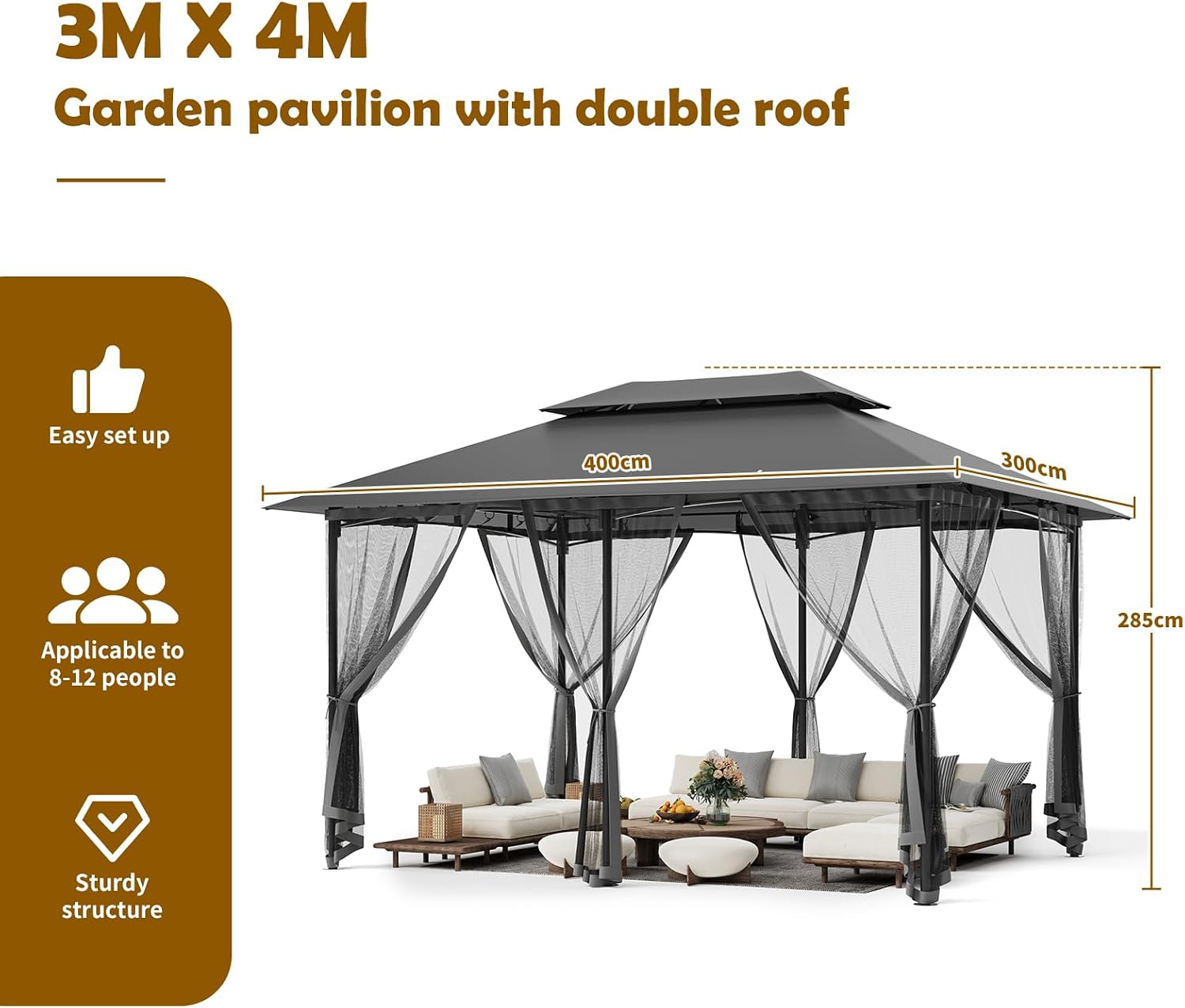 Detalle 2 de Amopatio Gartenpavillon 2,8x2,8 m mit Doppeldach, wasserdicht & Moskitonetz (Grau)