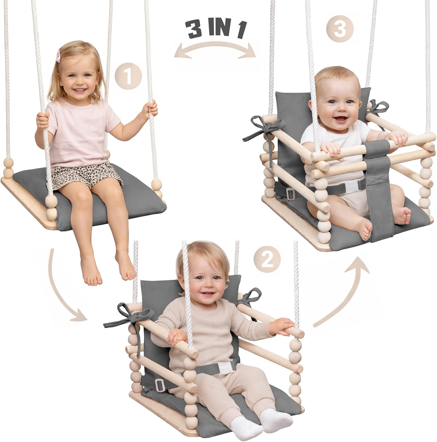 Detalle de MAMOI Altalena per bambini Baby swing 3 in 1 in legno (per casa e porta), fino a 25 kg