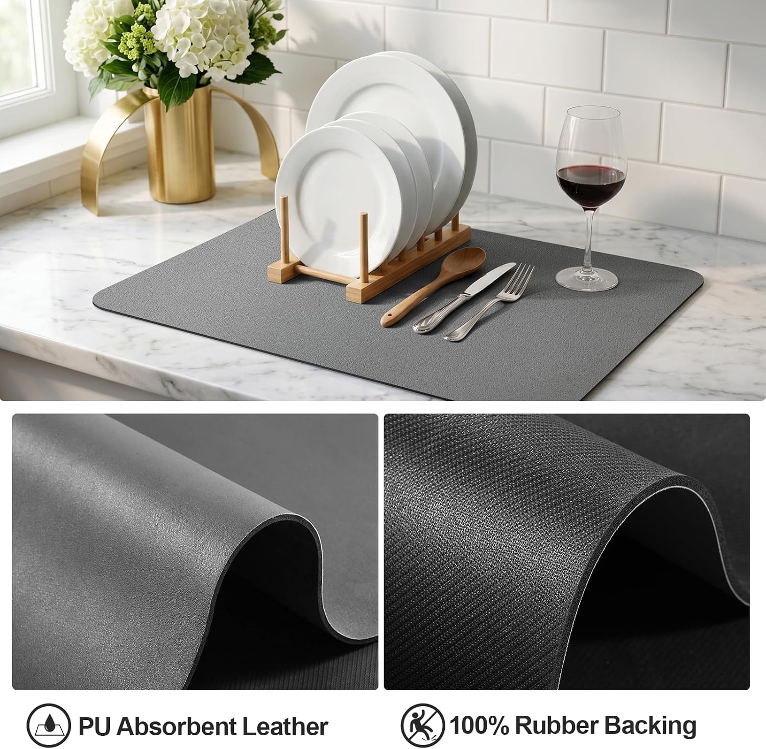 Detalle de Ecotrim Dish Drying Mat (Heat Resistant, Non-slip Rubber Back) | Dark Grey 16x18