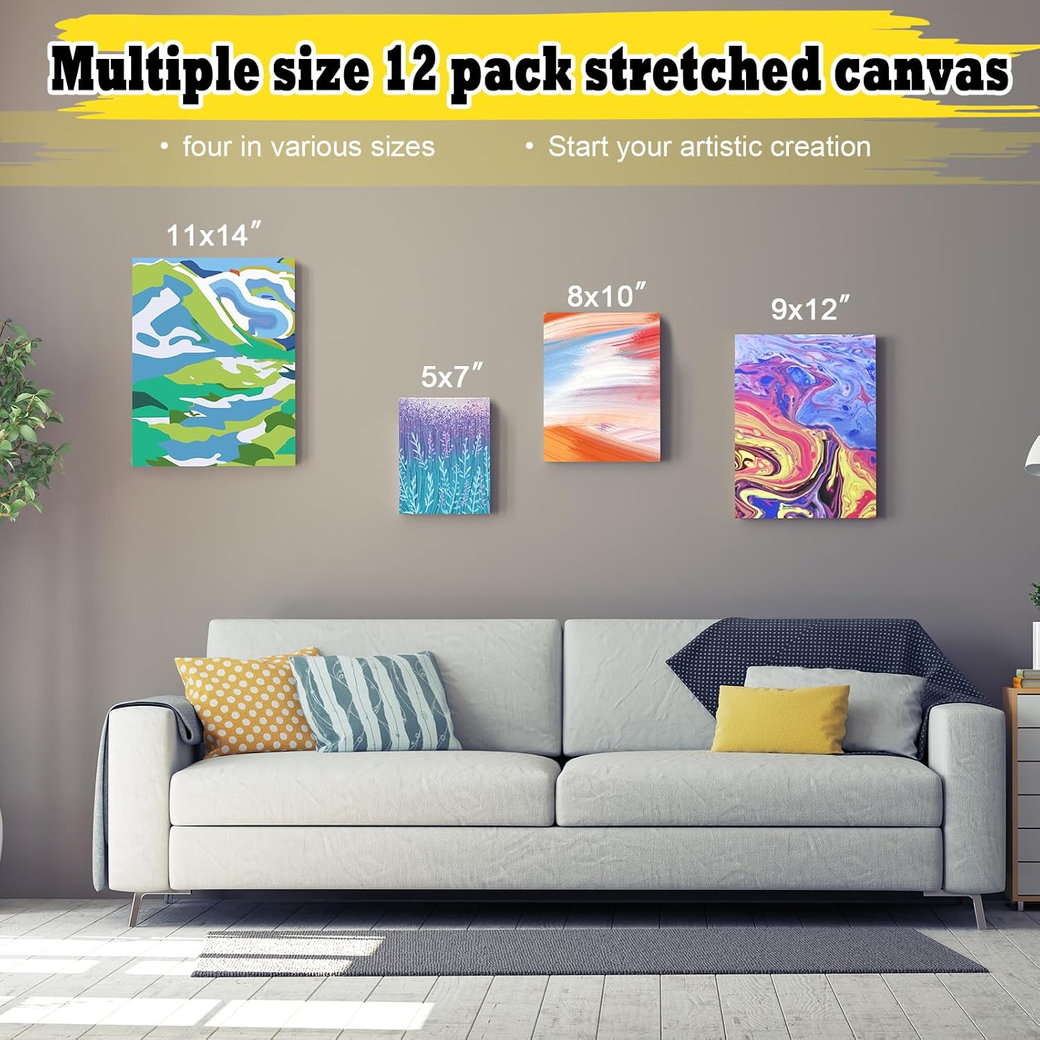 Detalle de Inburit Canvas for Painting: 12 Pack Pre-Stretched Cotton Canvases (13x18cm, 20x25cm, 23x30cm, 28x35cm)
