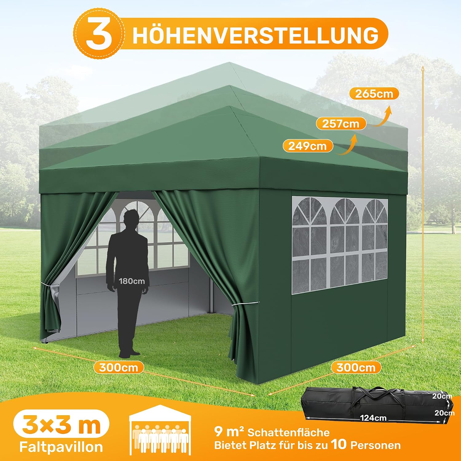 Detalle de Hawthyhome Pavillon 3x3 – wasserdicht, UV 50+, höhenverstellbar, inkl. Seitenwänden